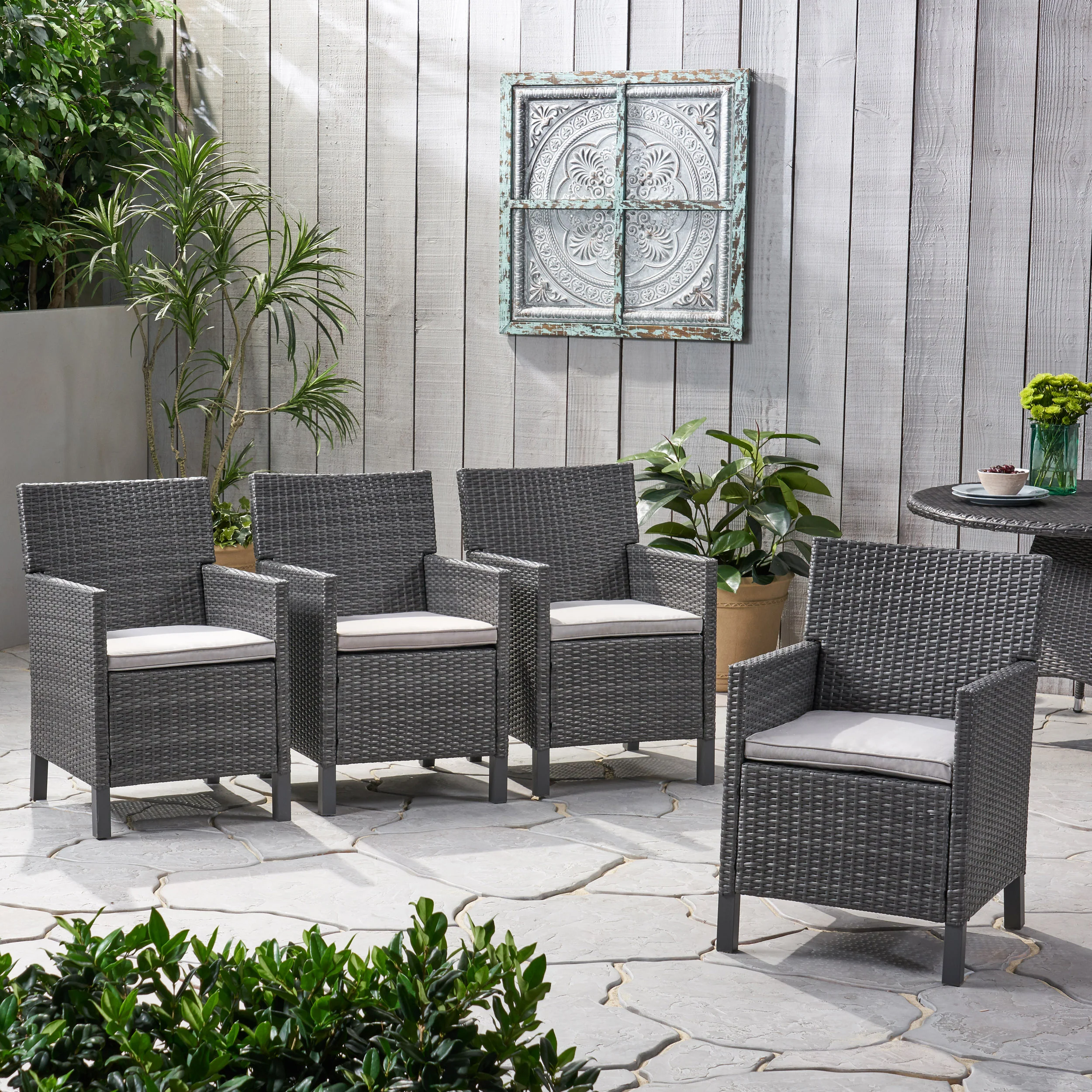 Cyril Outdoor Wicker Dining Chairs with Water Resistant Cushions (Set of 4) - furnishings