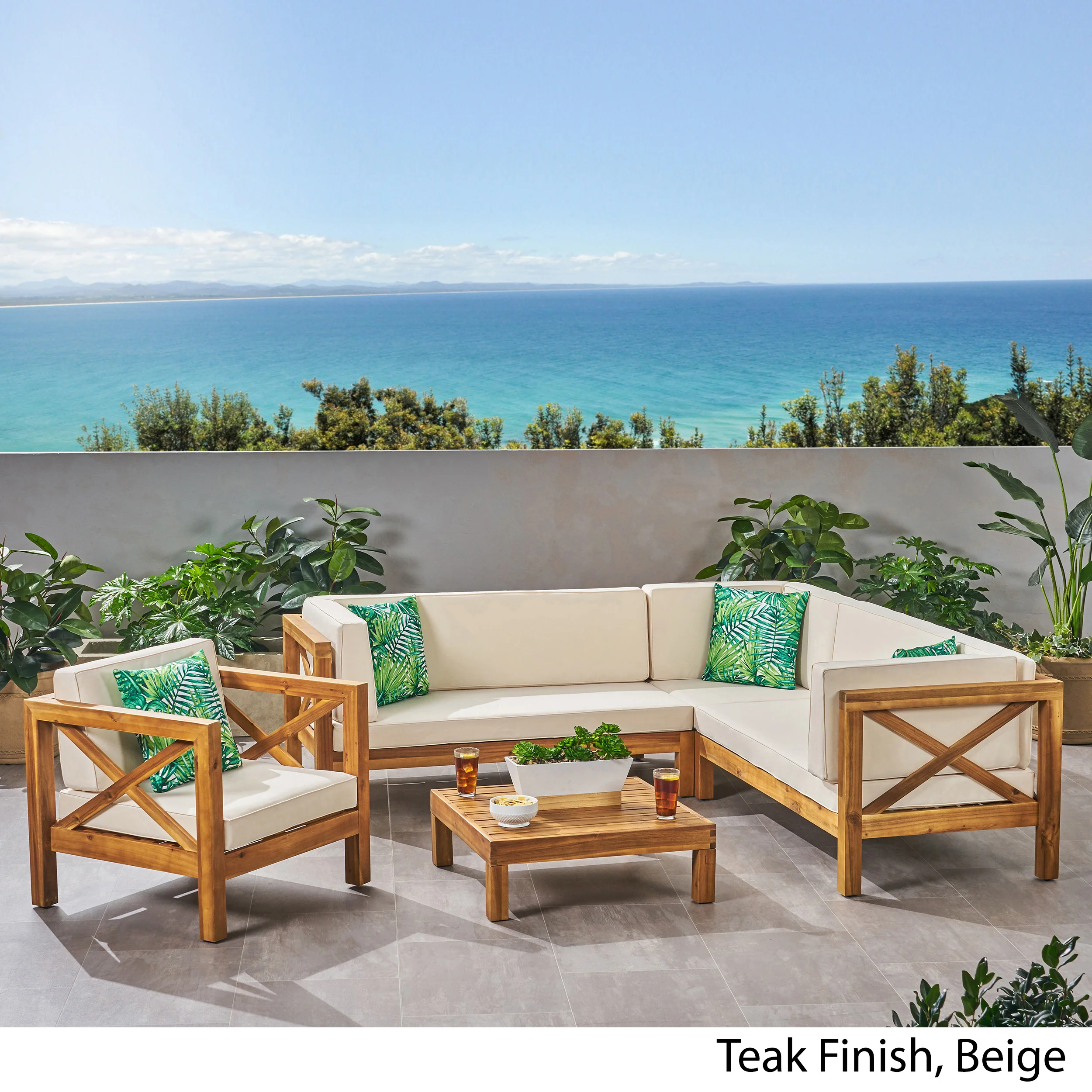 Morgan Outdoor 6 Seater Acacia Wood Sectional Sofa and Club Chair Set - furnishings