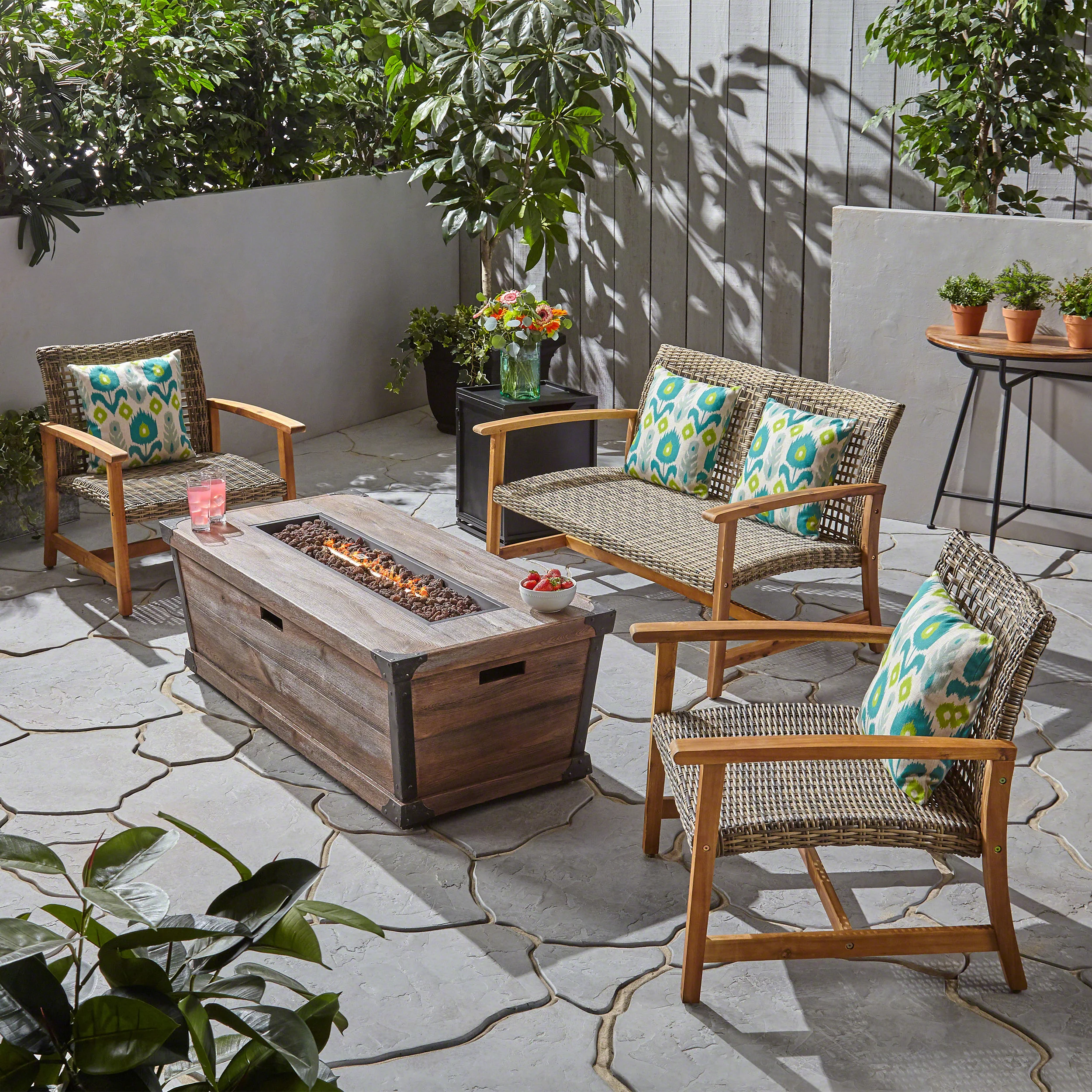Airyanna Outdoor 3 Piece Wood and Wicker Chat Set with Fire Pit - furnishings