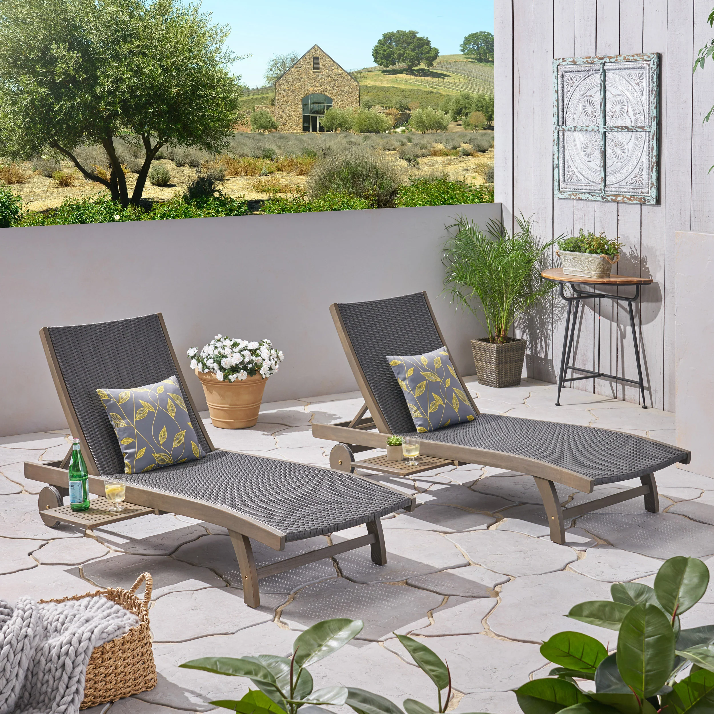 Yedda Outdoor Wicker and Wood Chaise Lounge with Pull-Out Tray - furnishings