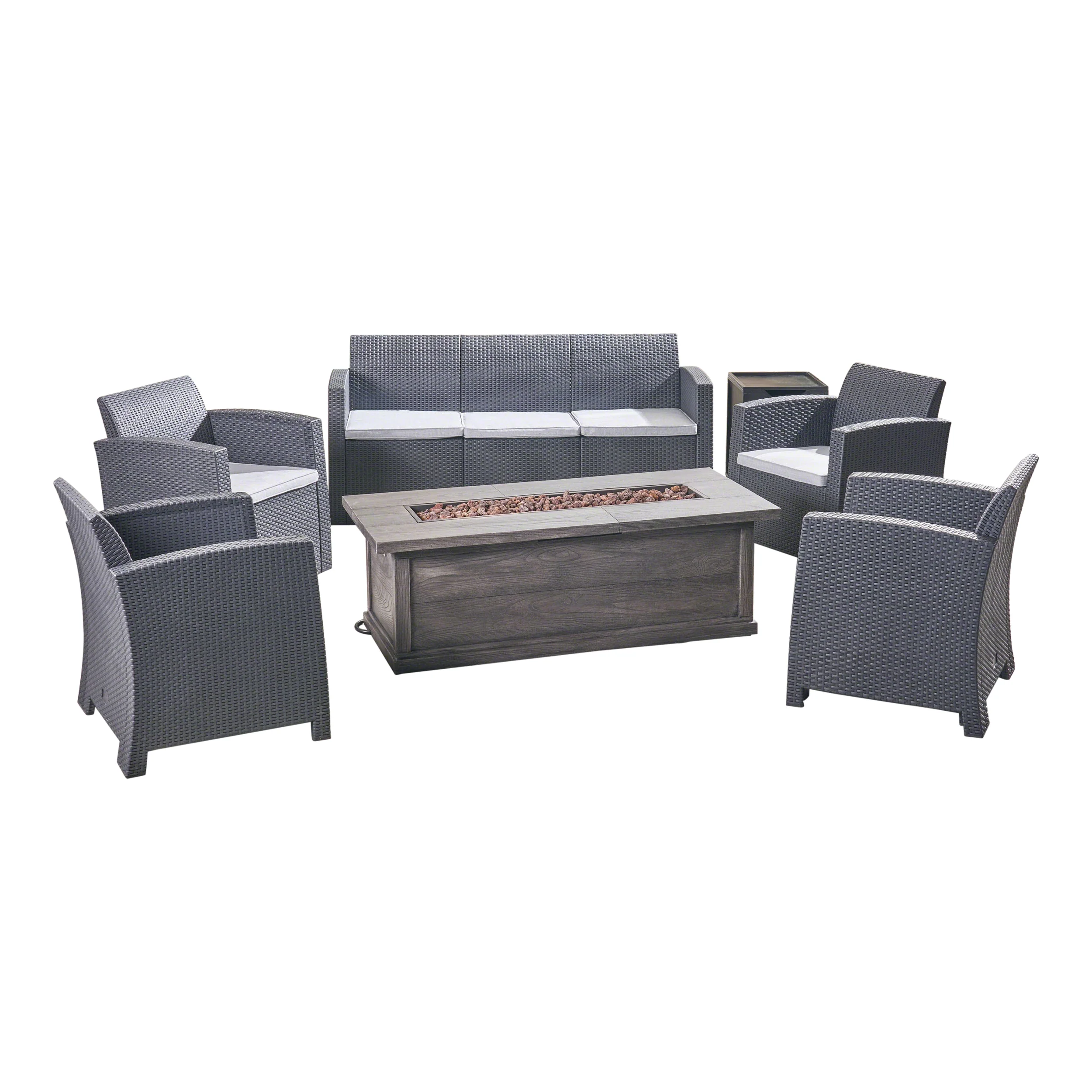 Melik Outdoor 7-Seater Wicker Print Chat Set with Fire Pit and Tank Holder - furnishings