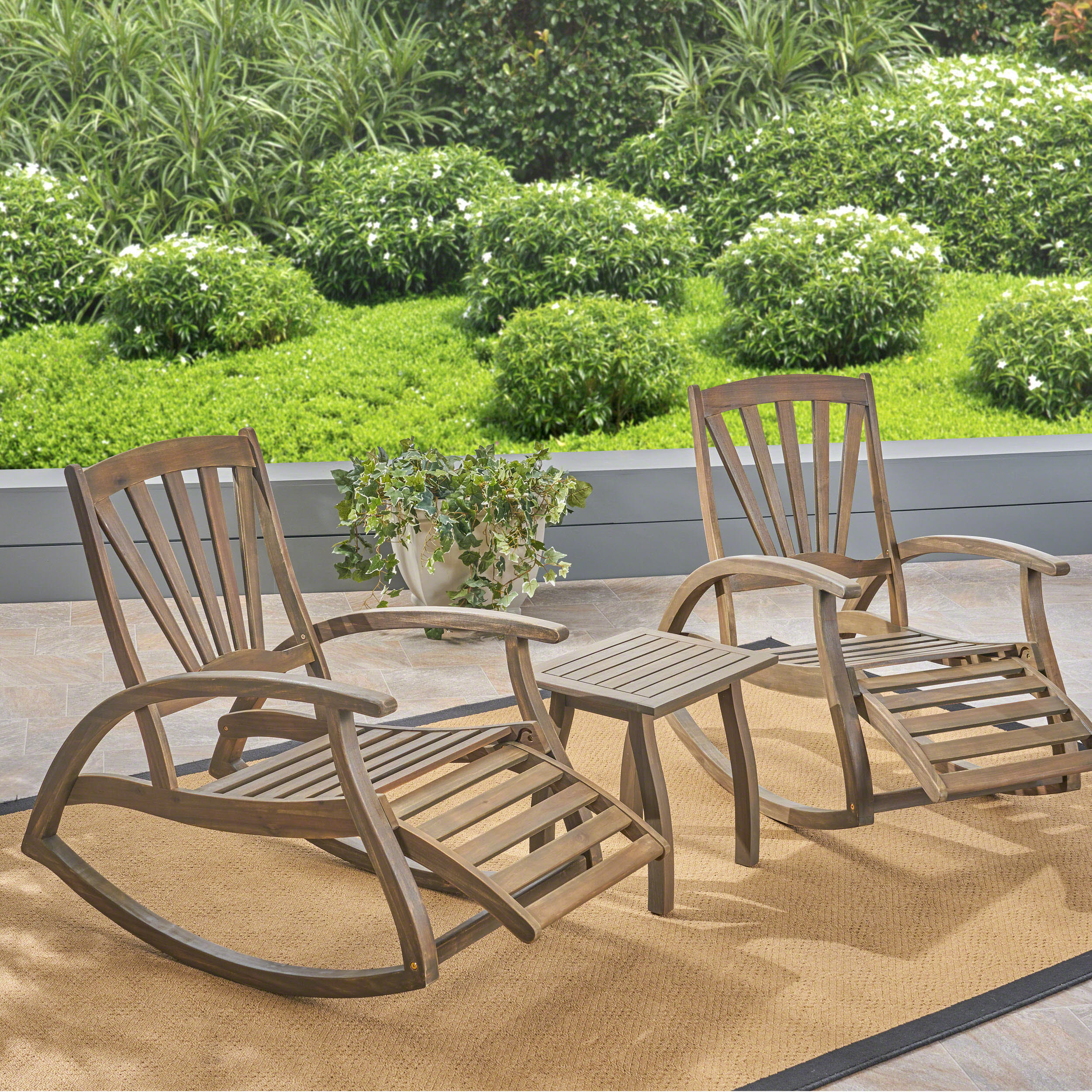 Sunview Outdoor Rustic Acacia Wood Recliner Rocking Chair with Side Table - furnishings