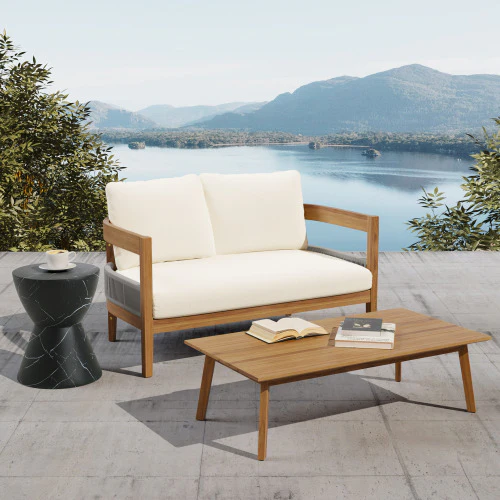 Evandere Teak Rope Weave Acacia Wood Outdoor Loveseat and Coffee Table Set - furnishings