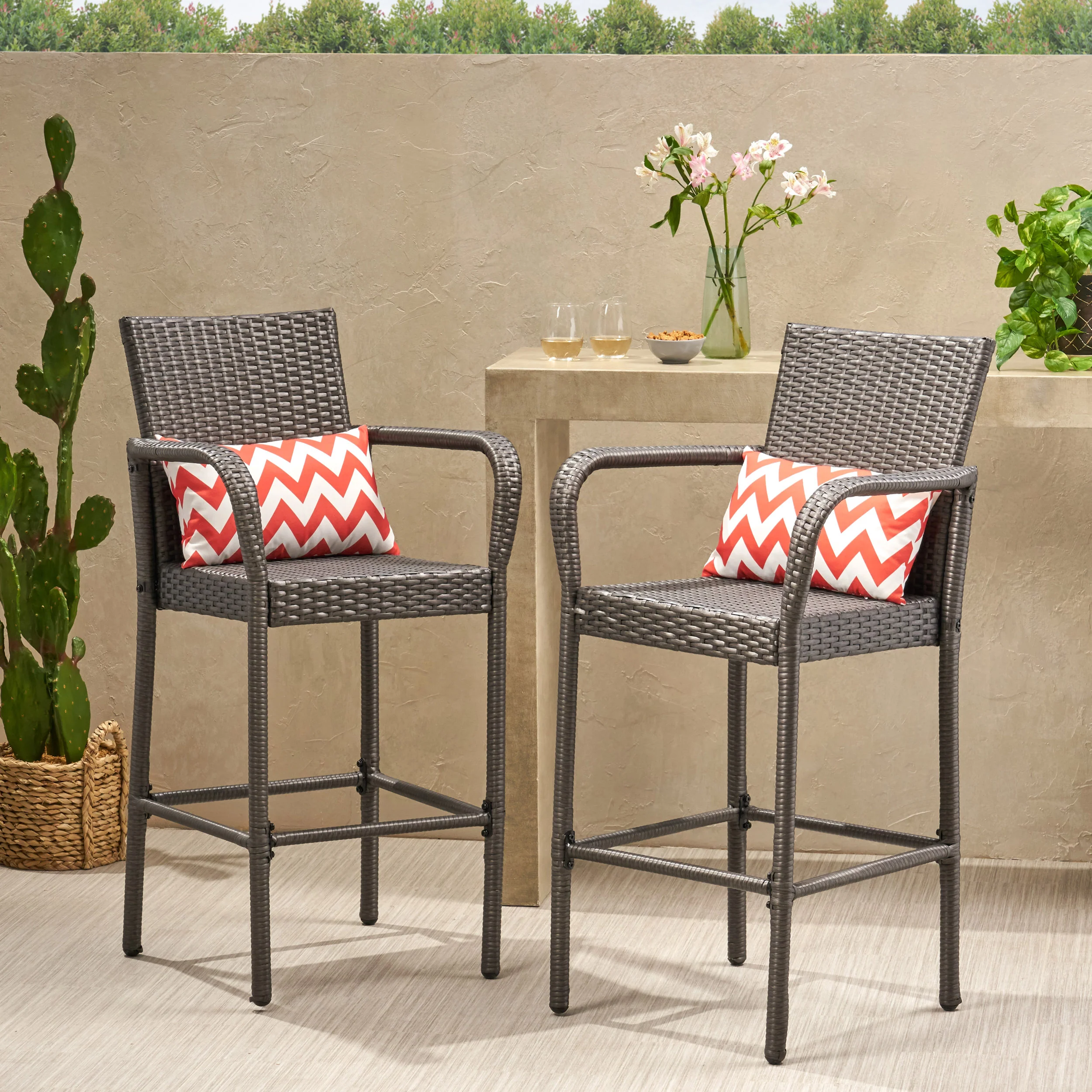 Dunedin Outdoor Coastal Wicker Backed Barstools with Arms - furnishings