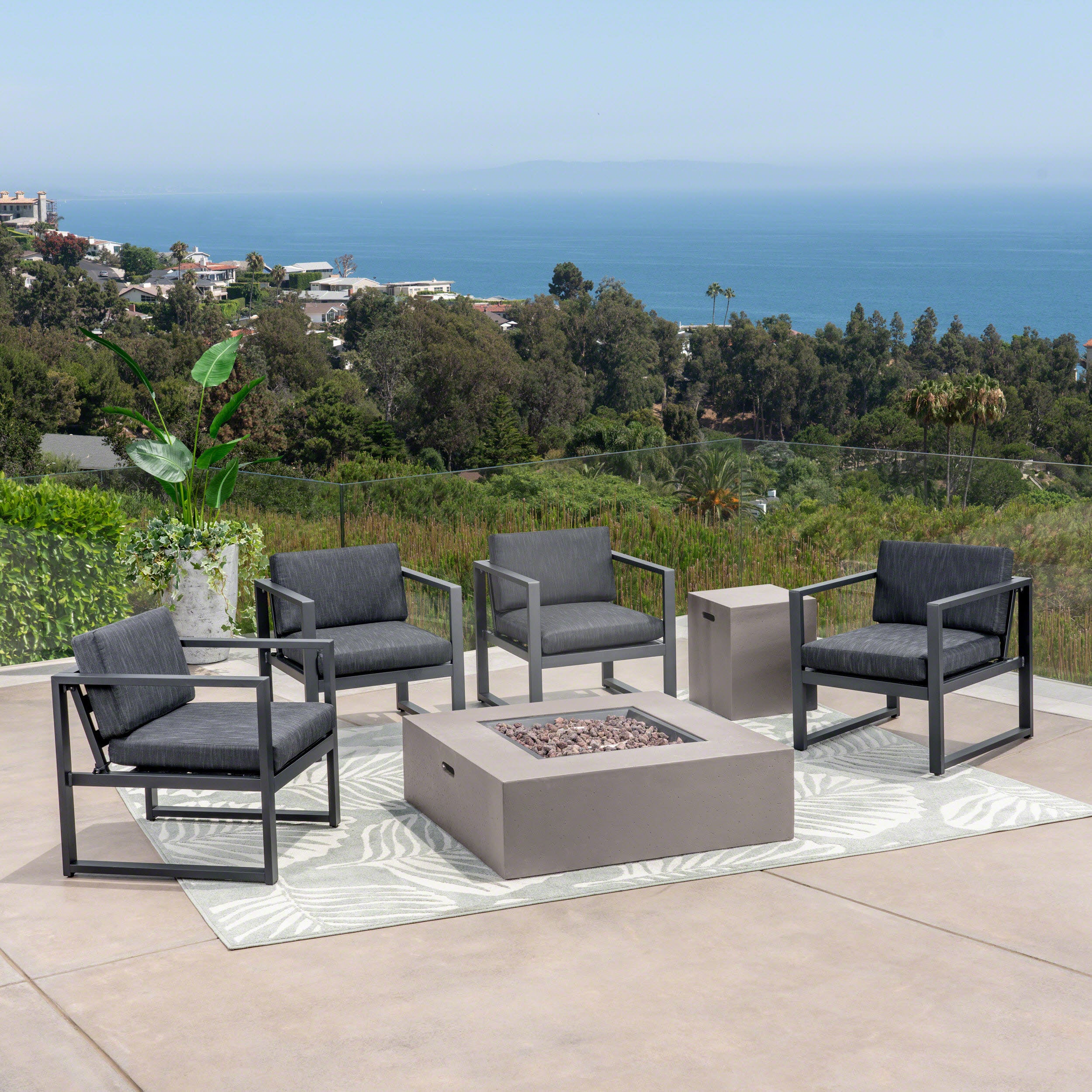 Nealie Outdoor 4-Seater Aluminum Chat Set with Fire Pit - furnishings