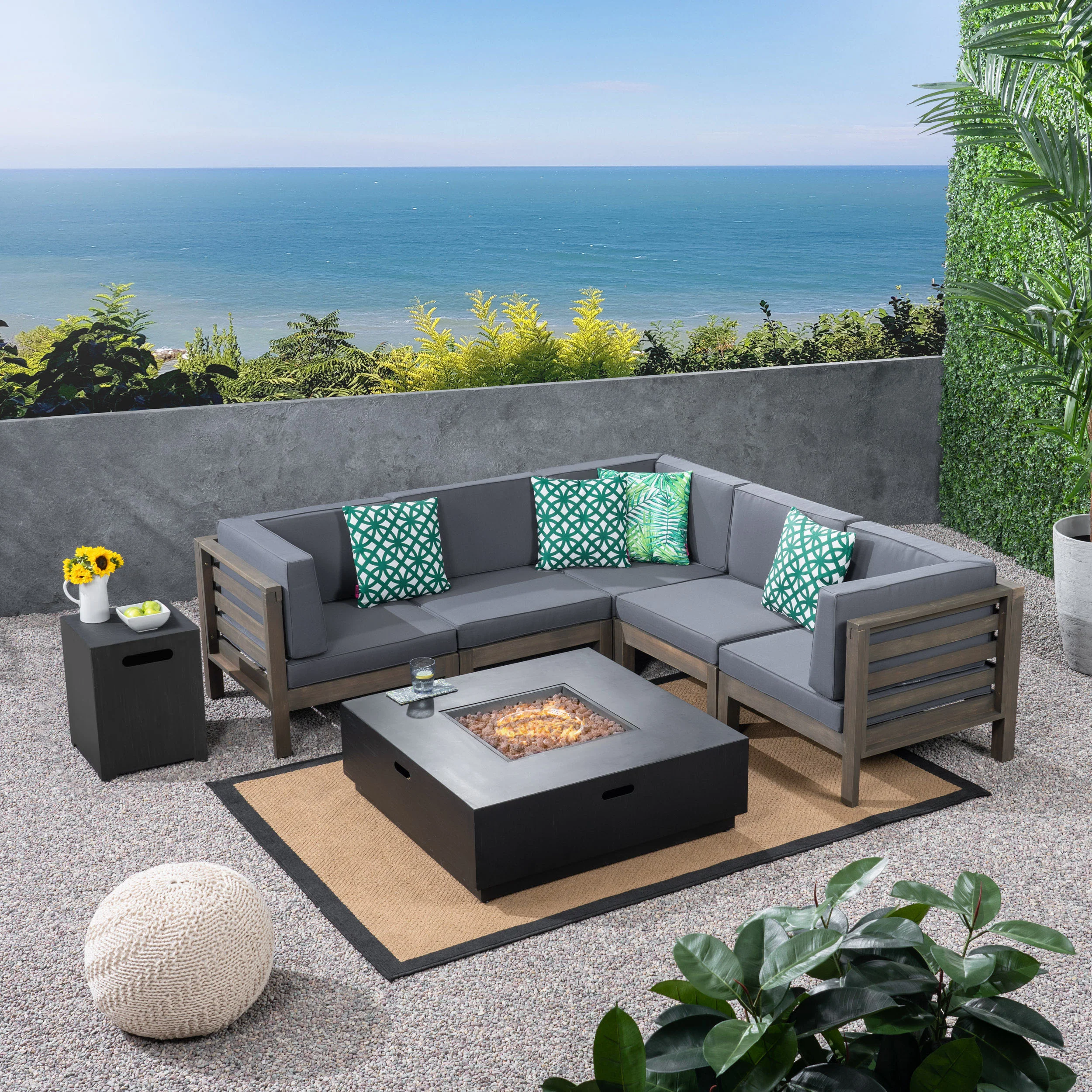 Krystin Outdoor 7 Piece V-Shaped Acacia Wood Sectional Sofa Set with Fire Pit and Outdoor Cushions - furnishings