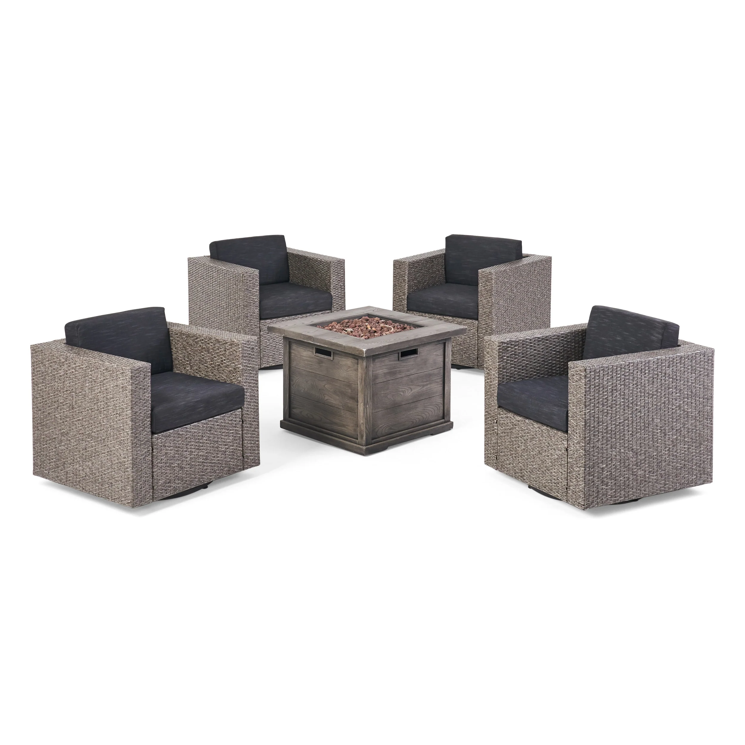 Hamilton Outdoor 5 Piece Wicker Swivel Club Chairs with Brown Gas Fire Pit - furnishings