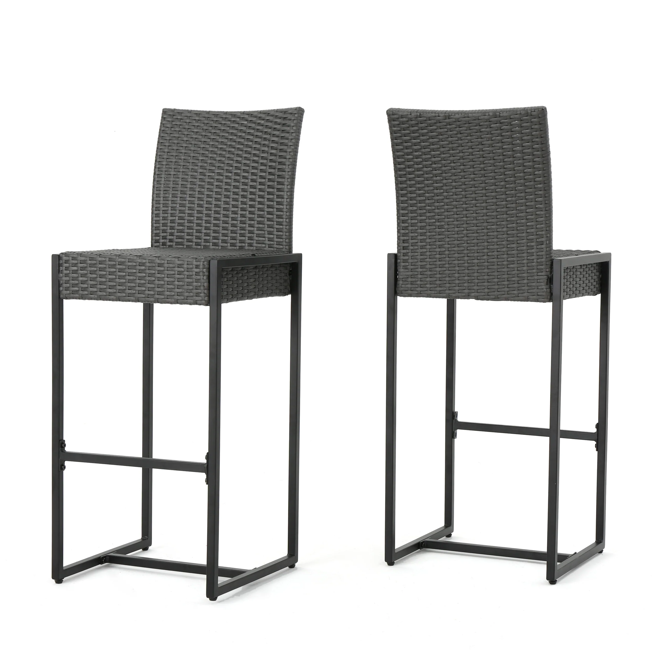 Conrad Outdoor Transitional 30-Inch Gray Wicker Barstools with Metal Frame - furnishings