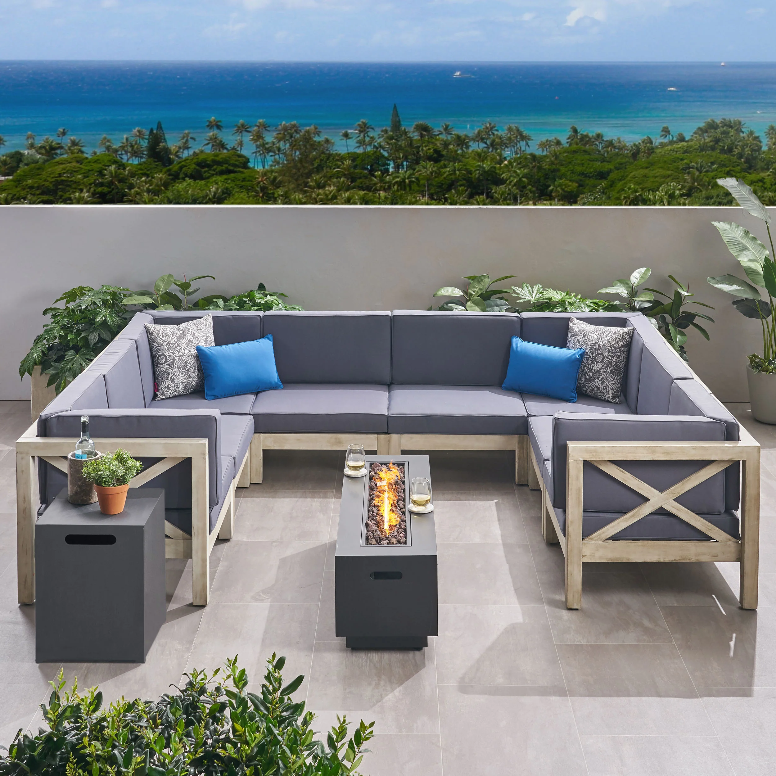 Muriel Outdoor Farmhouse Acacia Wood 8 Seater U-Shaped Sectional Sofa Set with Fire Pit - furnishings
