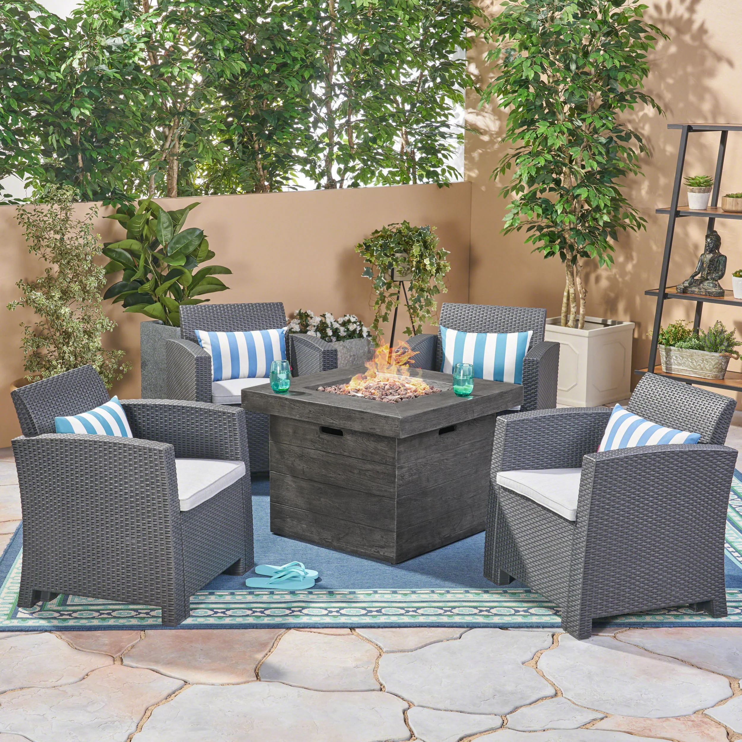 Ollie Outdoor 4-Seater Wicker Print Club Chair Chat Set with Fire Pit - furnishings