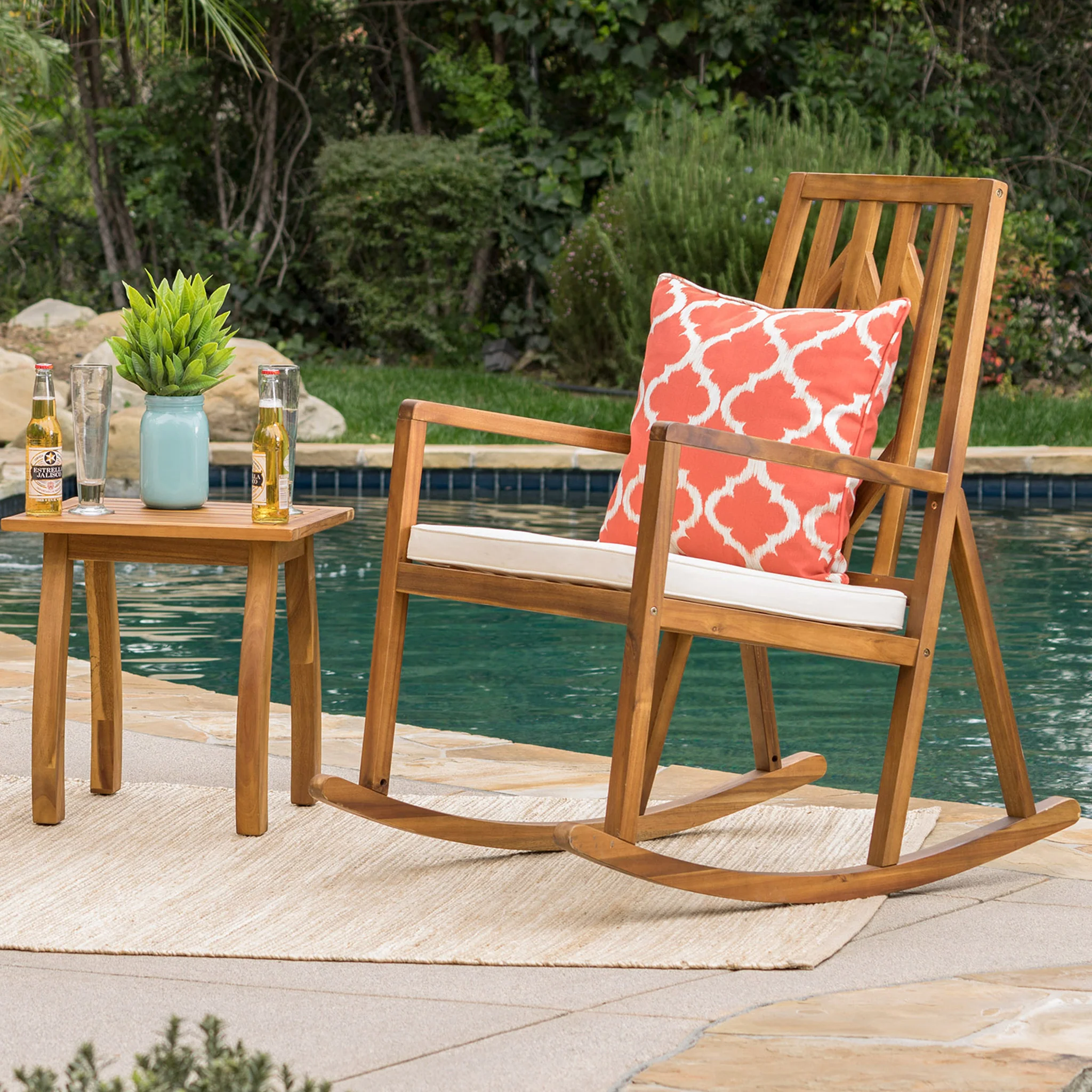 Noble Outdoor Geometric Teak Acacia Wood Rocking Chair with Accent Table - furnishings