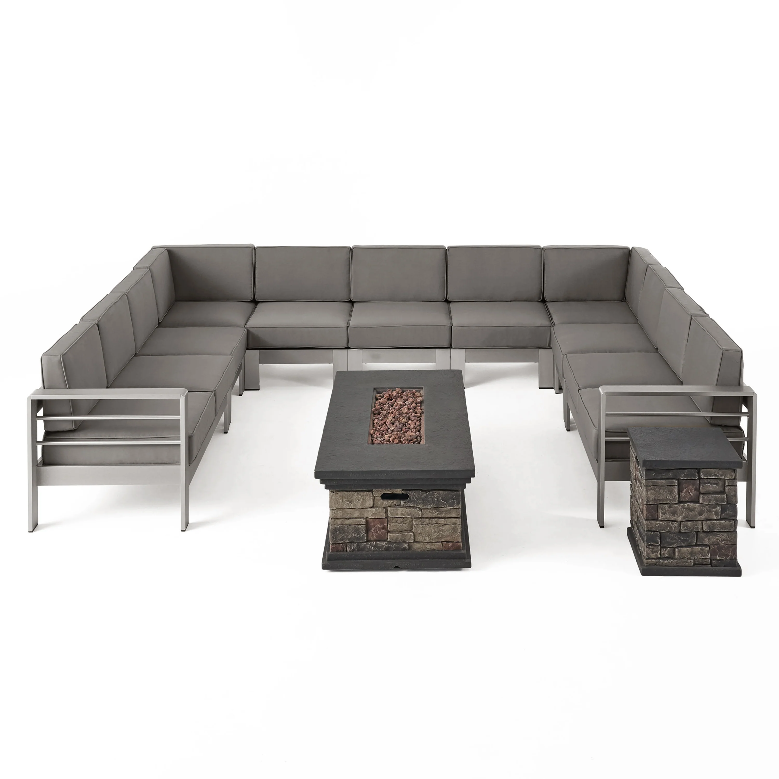 Pag Outdoor 11 Seater Aluminum U-Shaped Sofa Sectional and Fire Pit Set - furnishings