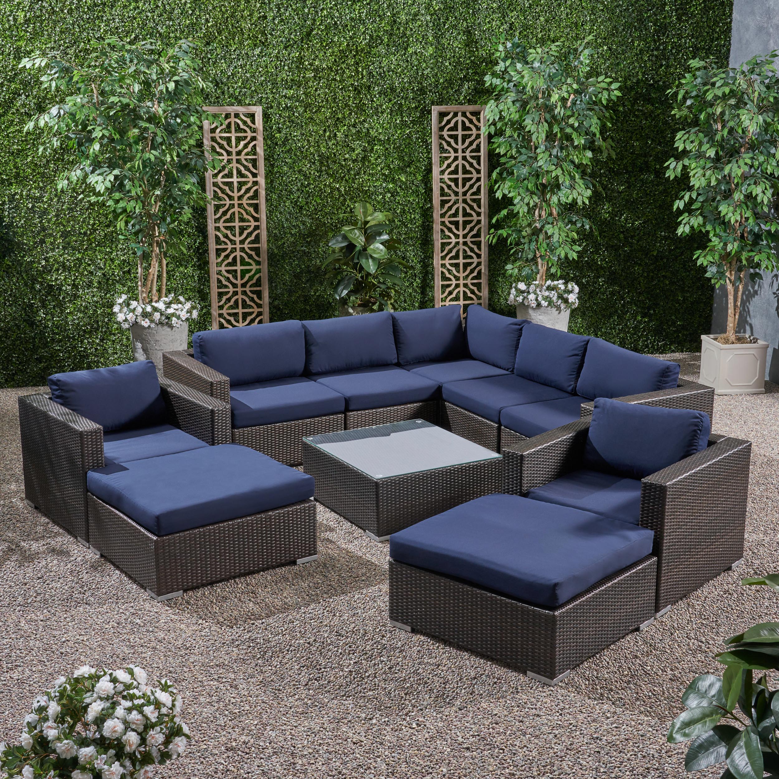 Kyra Outdoor 7 Seater Wicker Sectional Sofa Set with Sunbrella Cushions - furnishings
