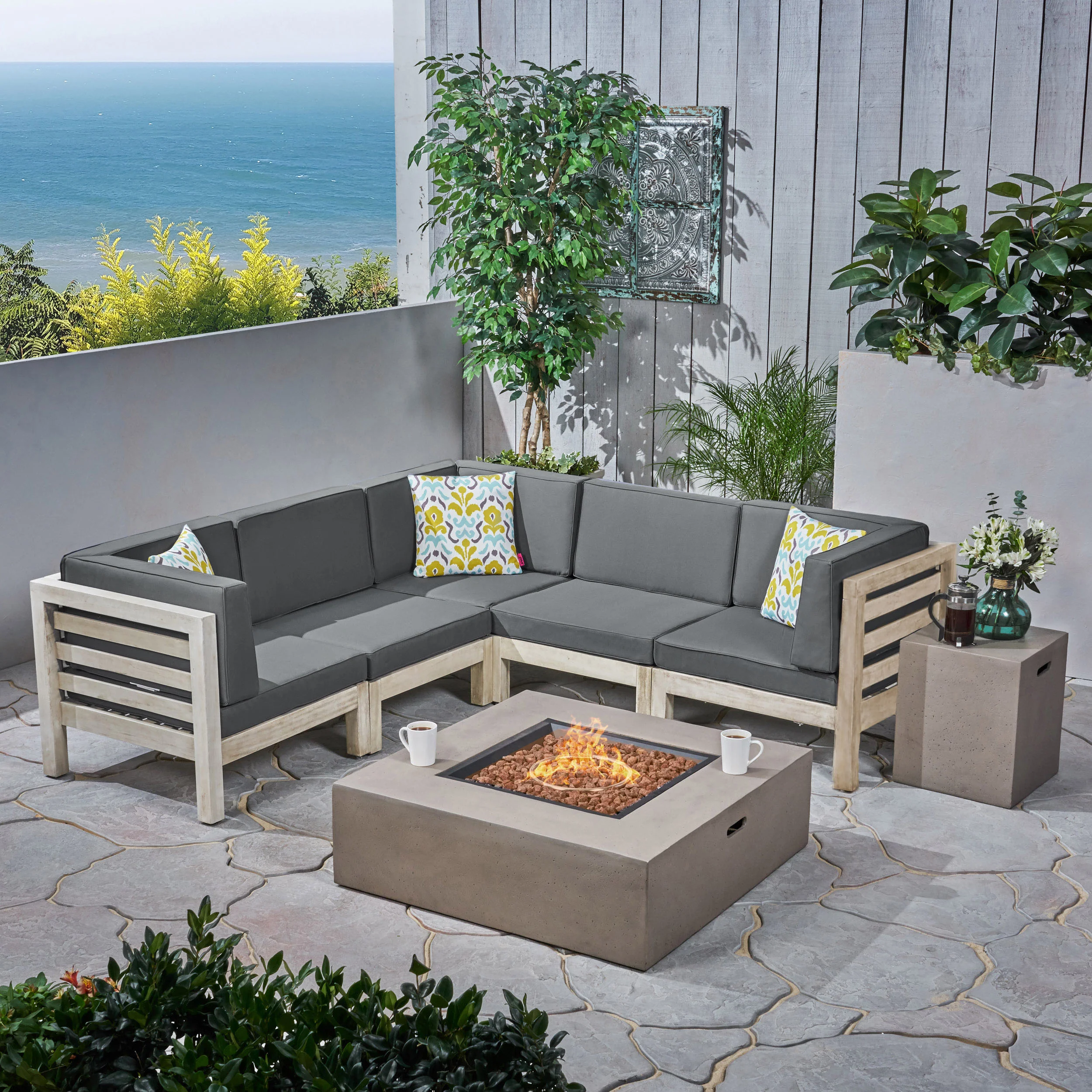 Ravello Outdoor V-Shaped Sectional Sofa Set with Fire Pit - furnishings