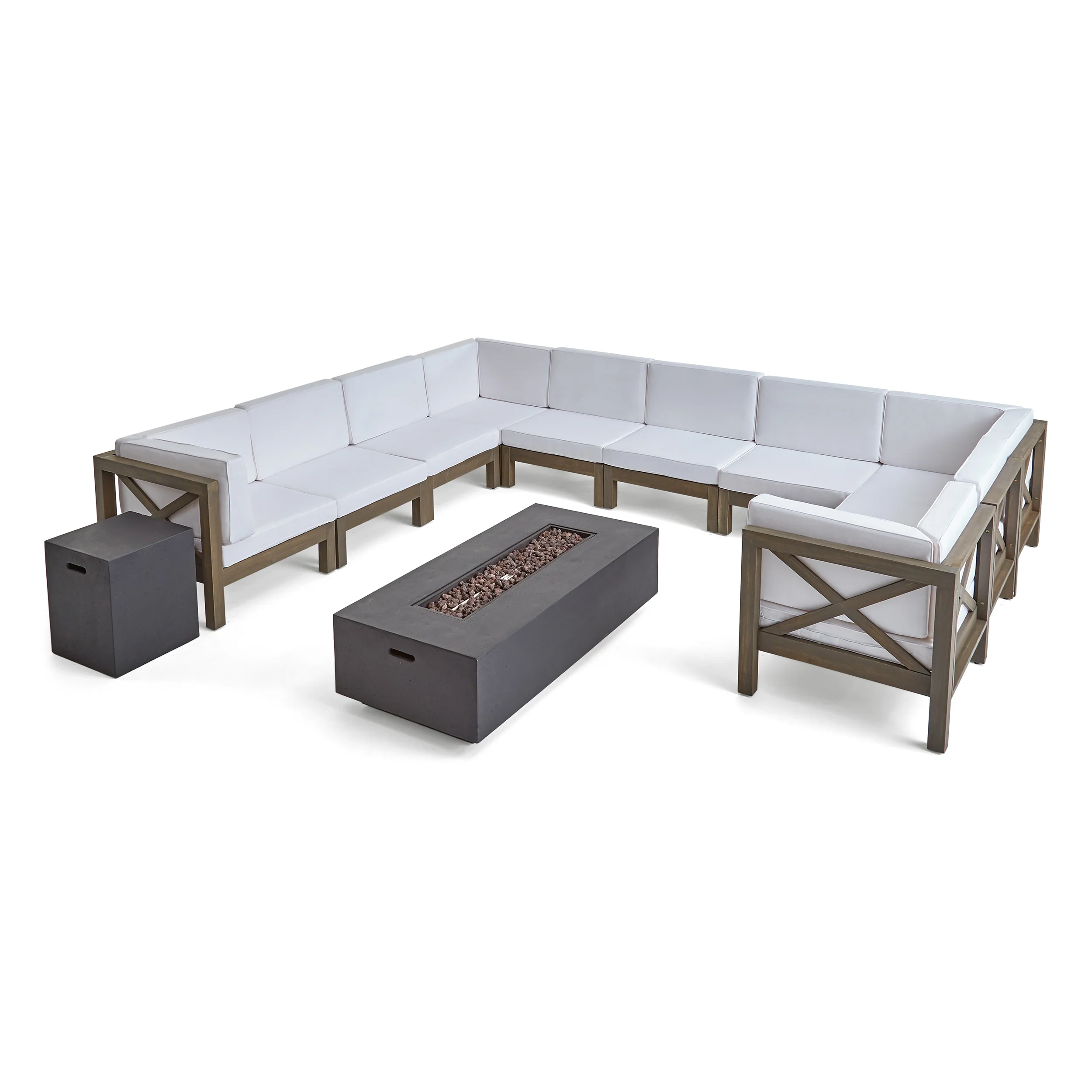Cynthia Outdoor Acacia Wood 10 Seater U-Shaped Sectional Sofa Set with Fire Pit - furnishings