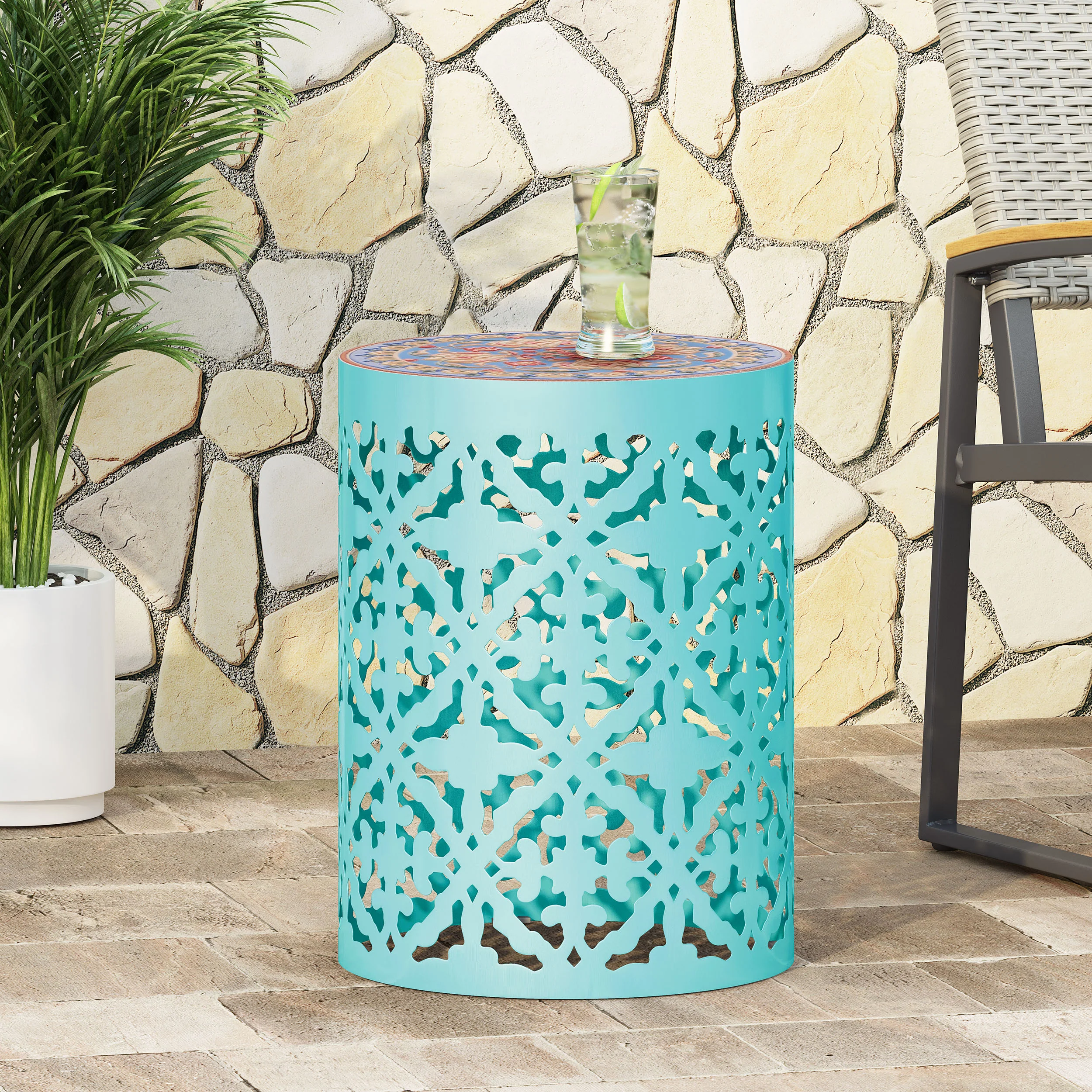 Kenzi Outdoor Lace Cut Side Table with Tile Top - furnishings