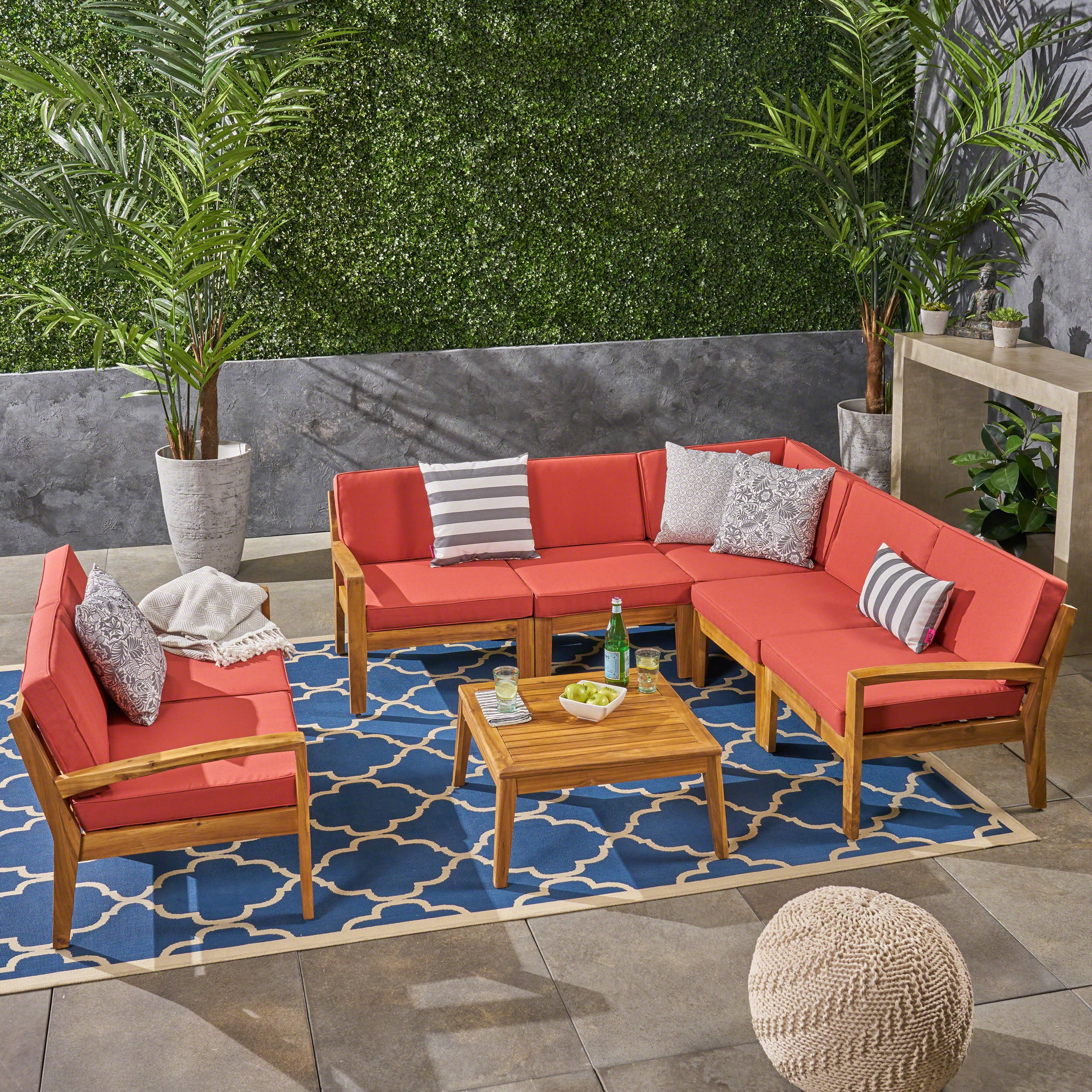 Giselle Outdoor Acacia Wood 7 Seater Sectional Sofa and Loveseat Set with Coffee Table - furnishings