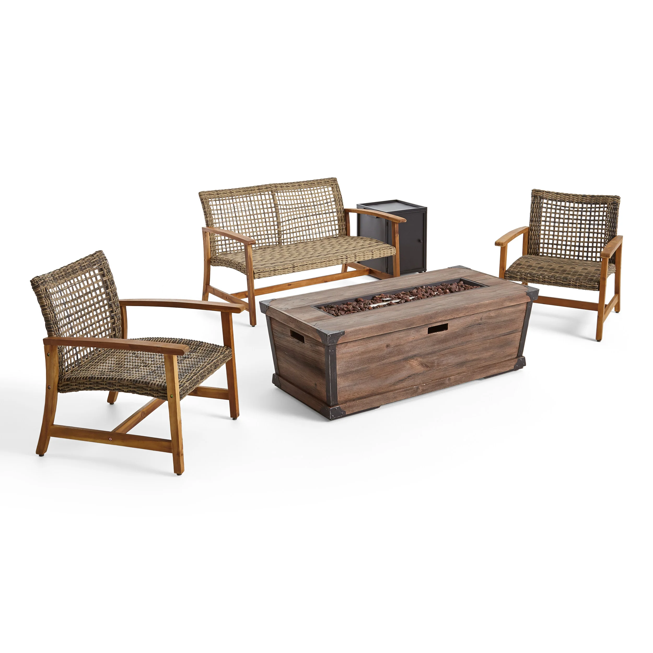 Airyanna Outdoor 3 Piece Wood and Wicker Chat Set with Fire Pit - furnishings