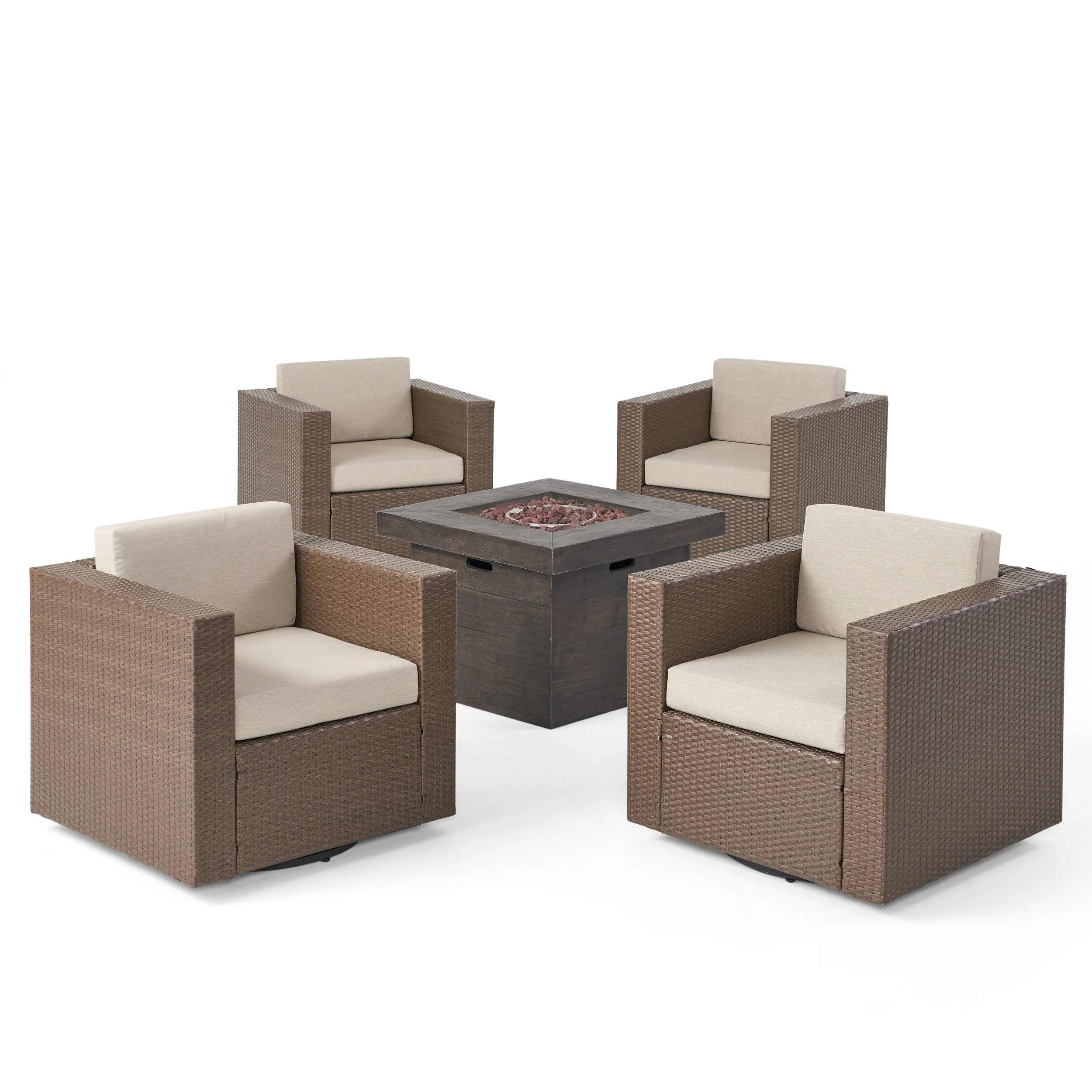 Venice Outdoor 5 Piece Chat Set with Brown Wicker Club Chairs and Fire Pit - furnishings