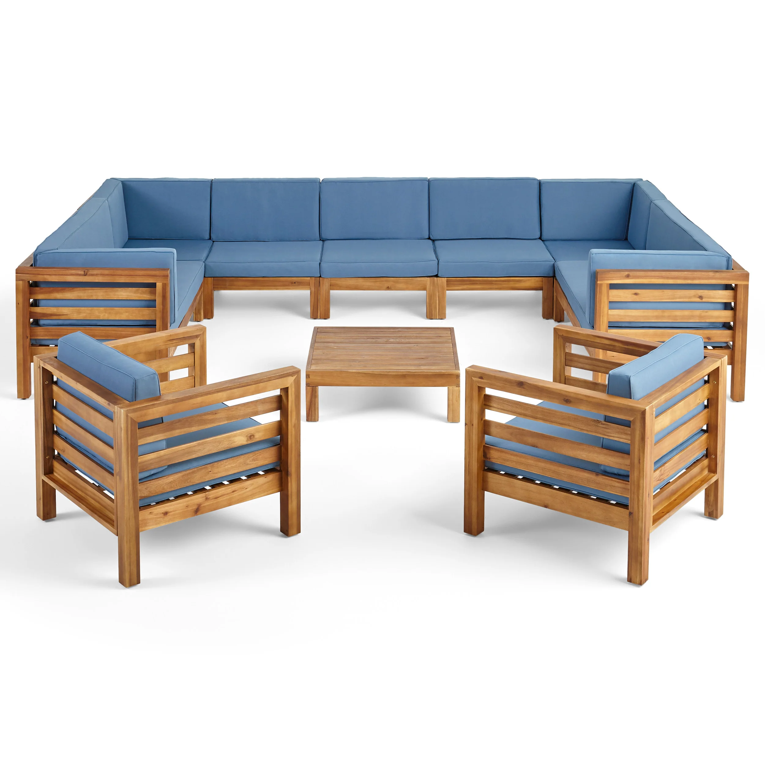Emma Outdoor 11 Seater Acacia Wood Sectional Sofa and Club Chair Set - furnishings