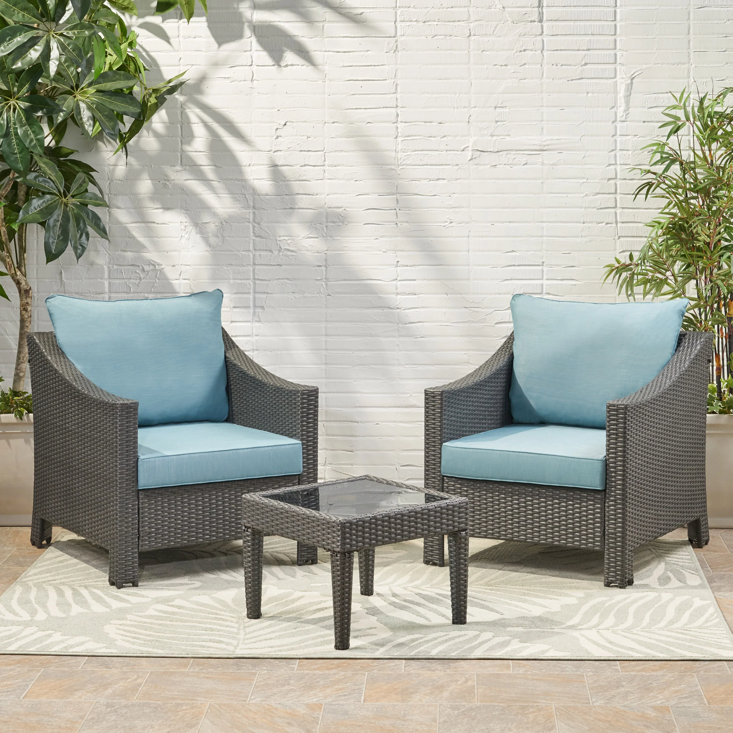 Caspian Outdoor 3 Piece Gray Wicker Chat Set with Teal Water Resistant Cushions - furnishings
