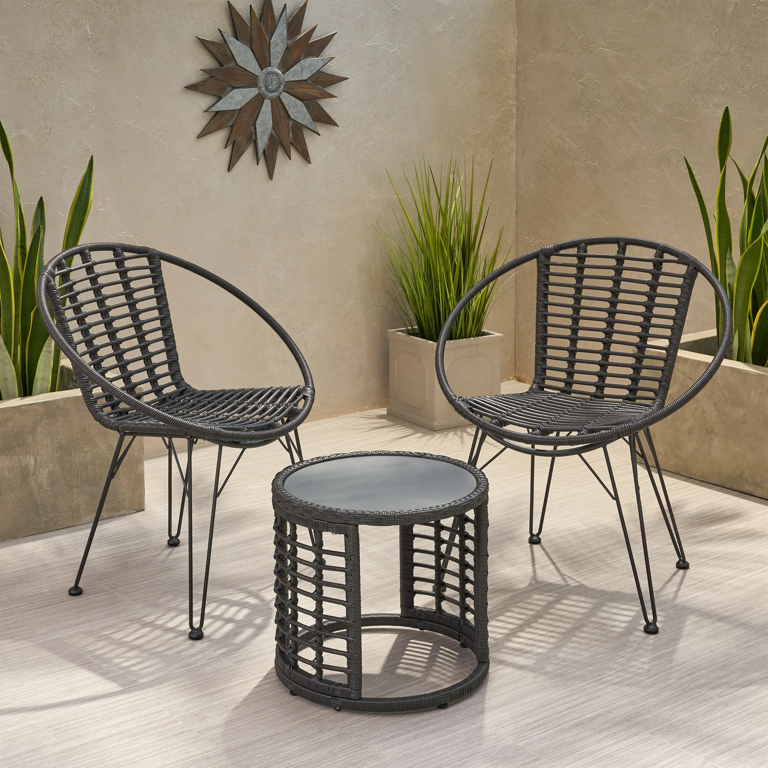 Zeferino Outdoor Modern Boho 2 Seater Wicker Chat Set with Side Table - furnishings