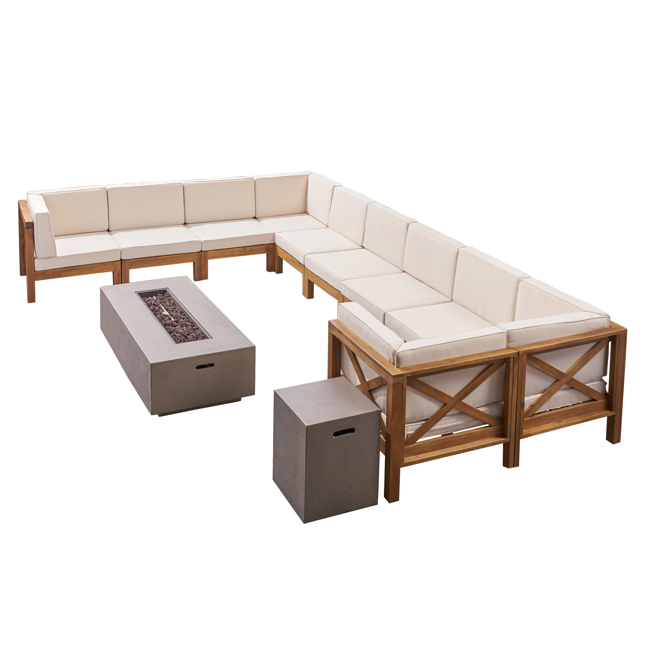 Cynthia Outdoor Acacia Wood 10 Seater U-Shaped Sectional Sofa Set with Fire Pit - furnishings