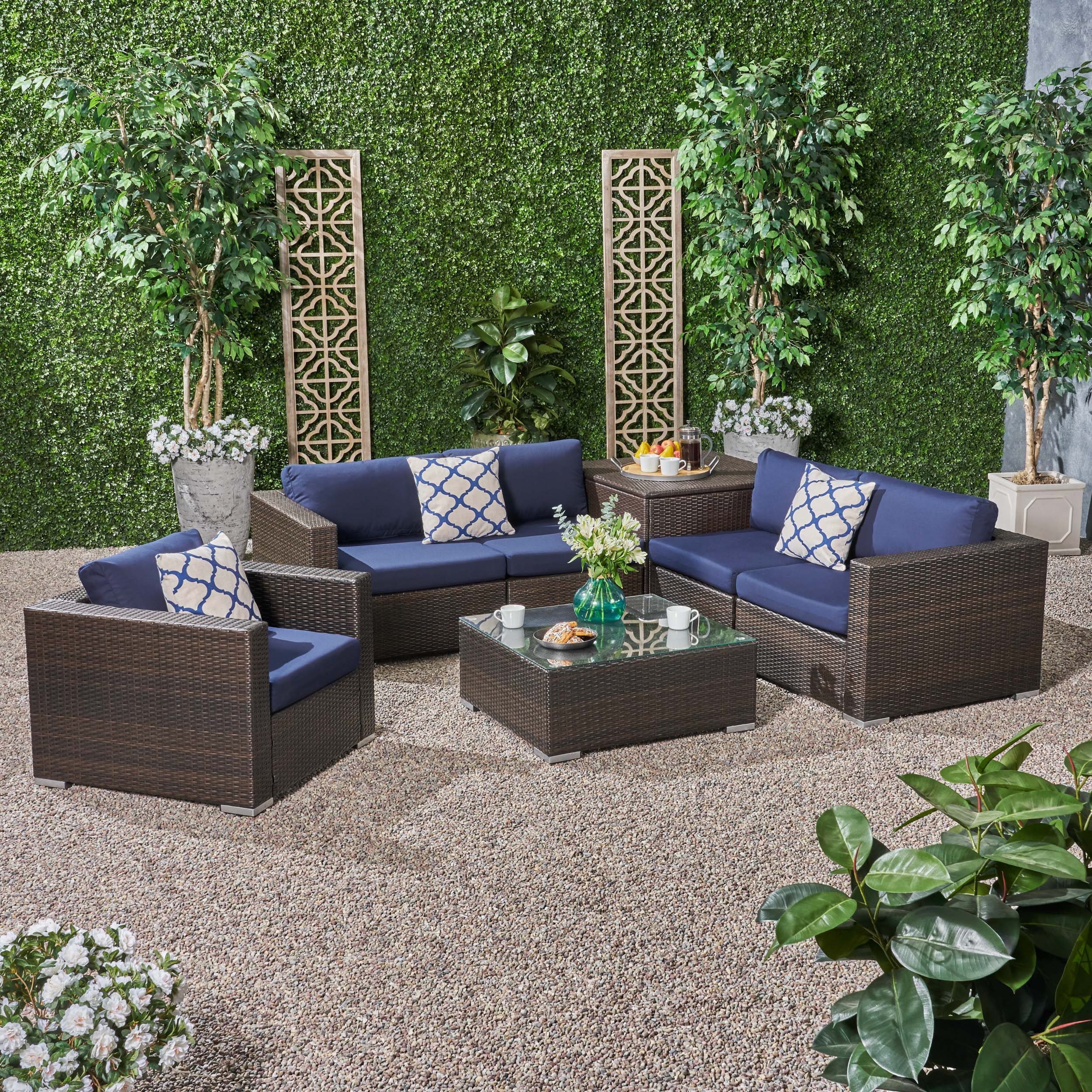 Kyra Outdoor 5 Seater Wicker Sectional Sofa Set with Storage Ottoman and Sunbrella Cushions - furnishings