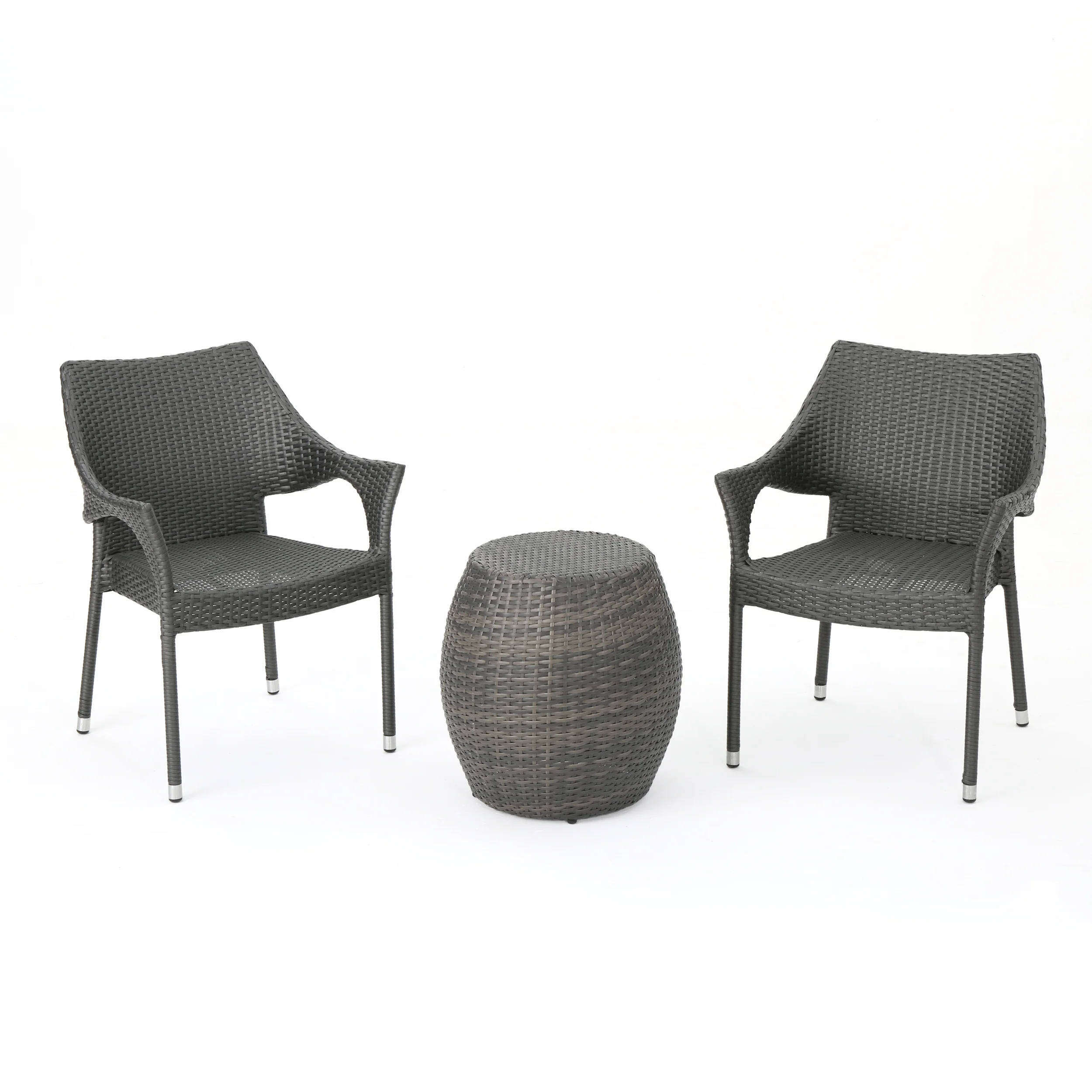 Alfheimr Outdoor 3 Piece Grey Wicker Stacking Chair Chat Set - furnishings