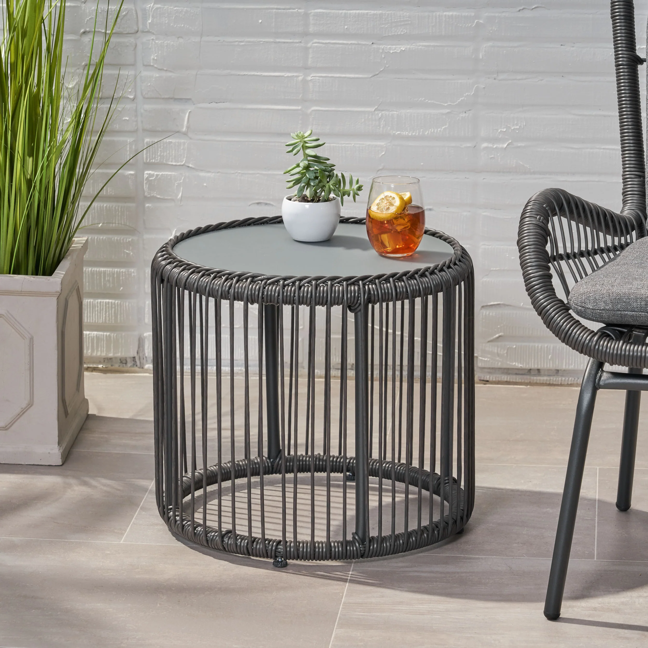 Averyrose Outdoor Wicker Side Table with Tempered Glass Top - furnishings