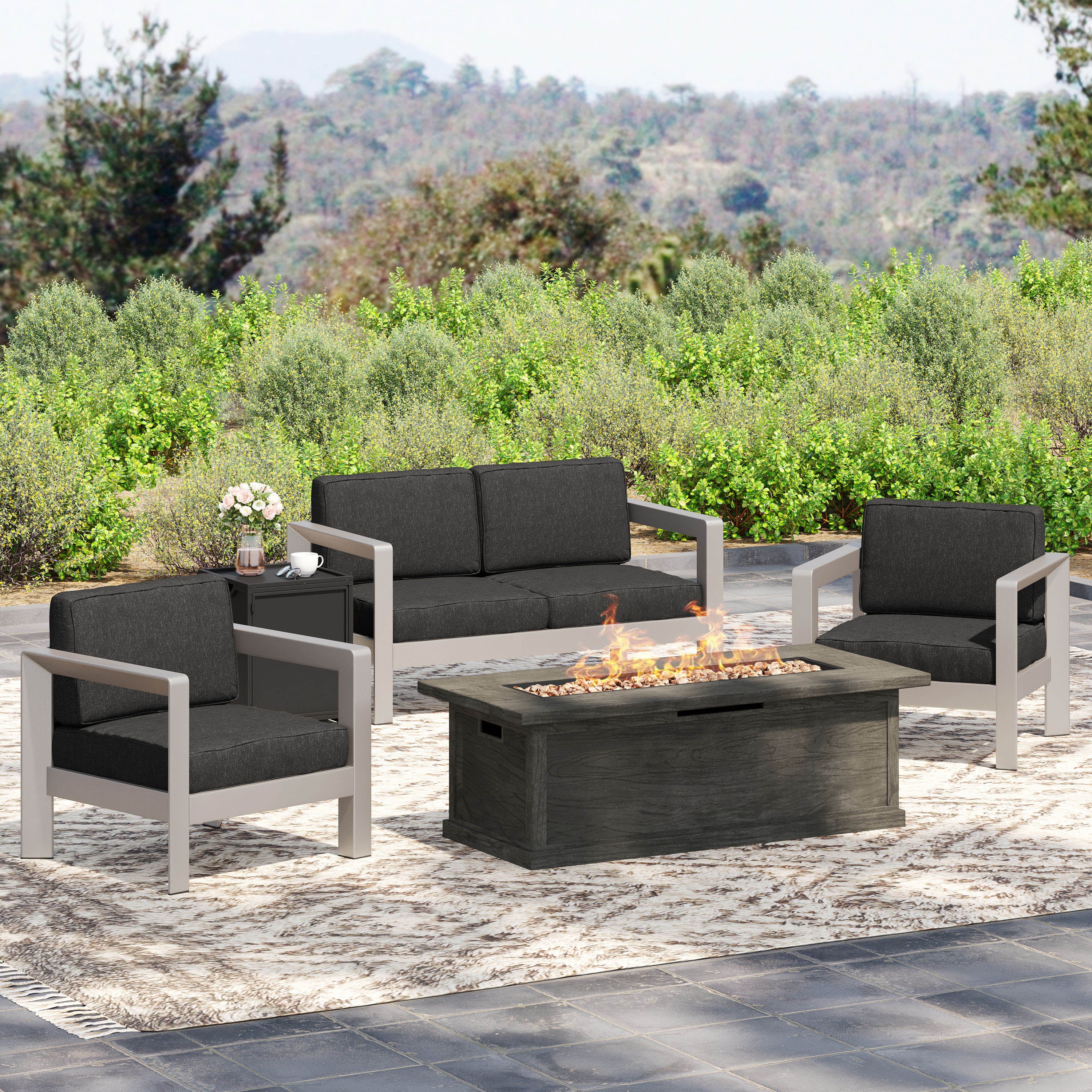 Kenny Outdoor 4-Seater Aluminum Chat Set with Fire Pit and Tank Holder - furnishings