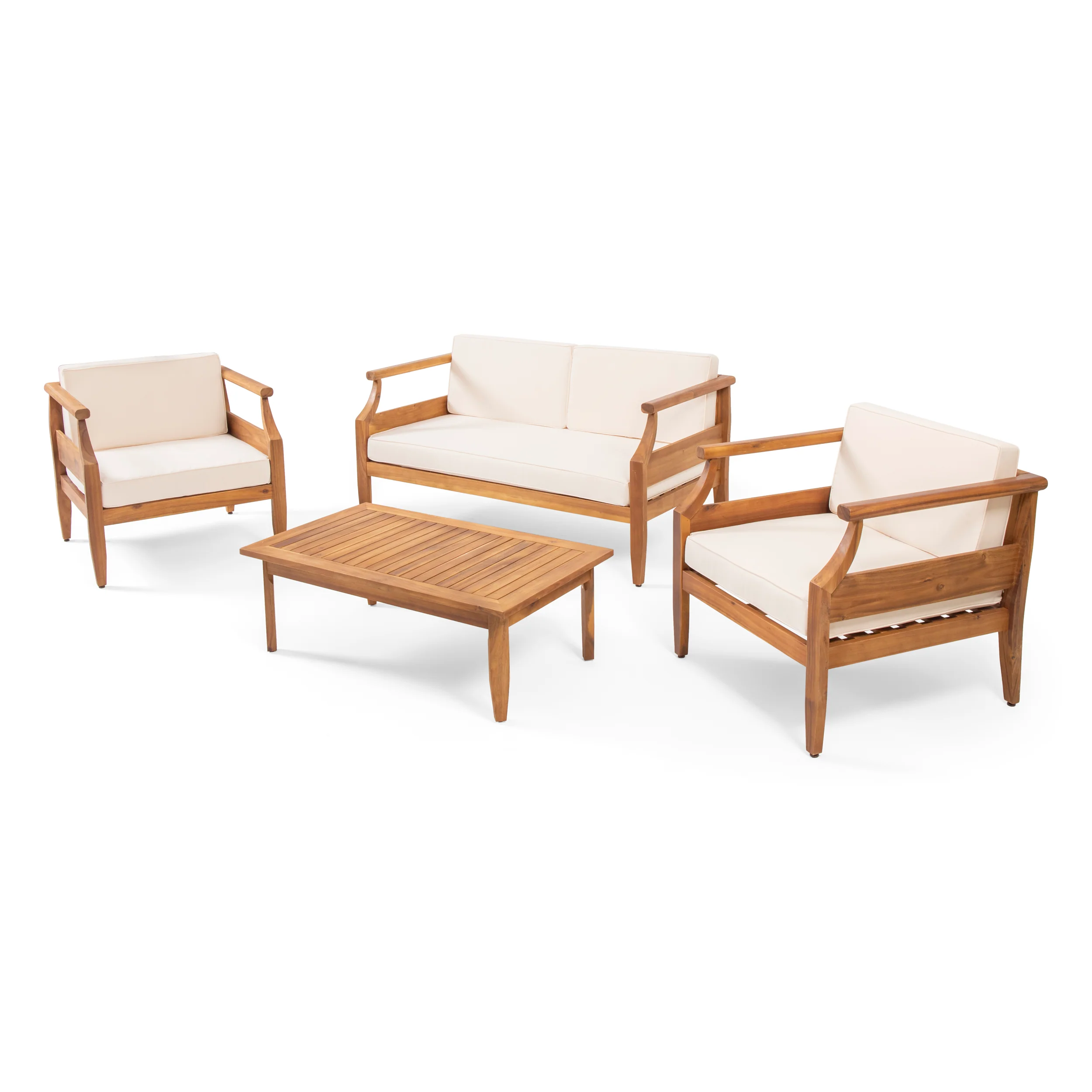 Bianca Outdoor Mid-Century Modern Acacia Wood 4 Seater Chat Set with Cushions - furnishings
