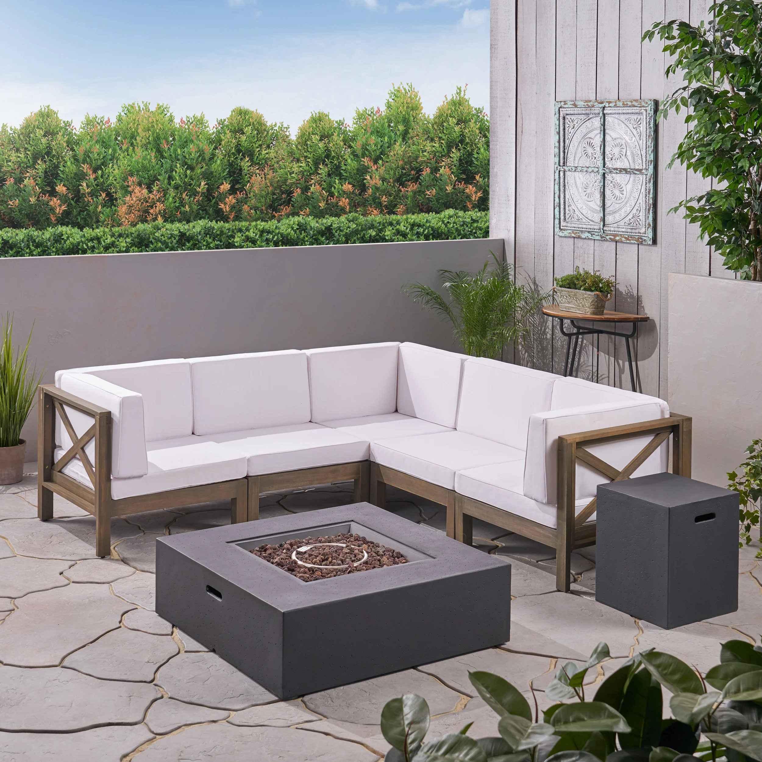 Cynthia Outdoor Acacia Wood 5 Seater Sectional Sofa Set with Fire Pit - furnishings