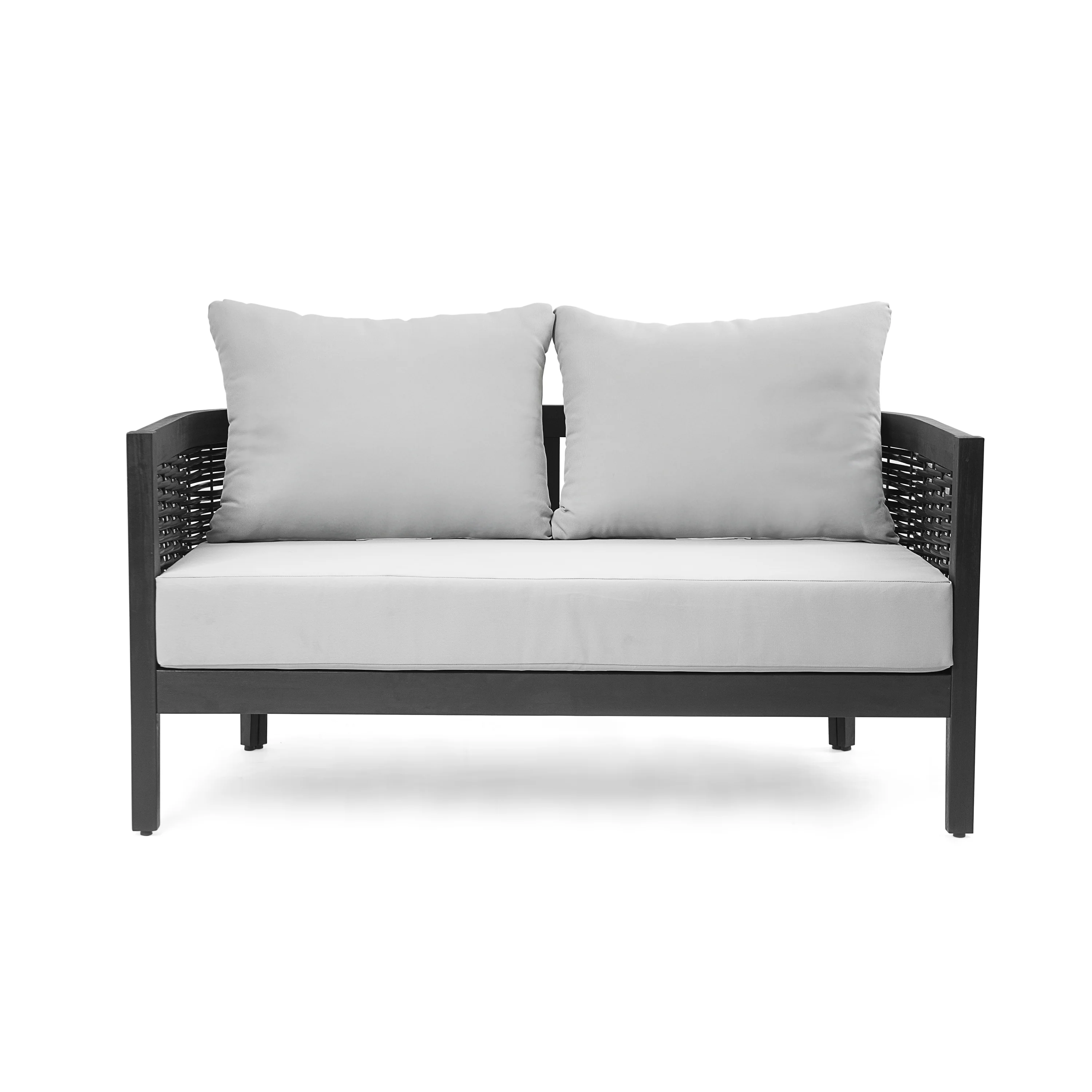 Ridgea Wood and Wicker Patio Conversation Set with Light Grey Cushions, Set of 2 - furnishings