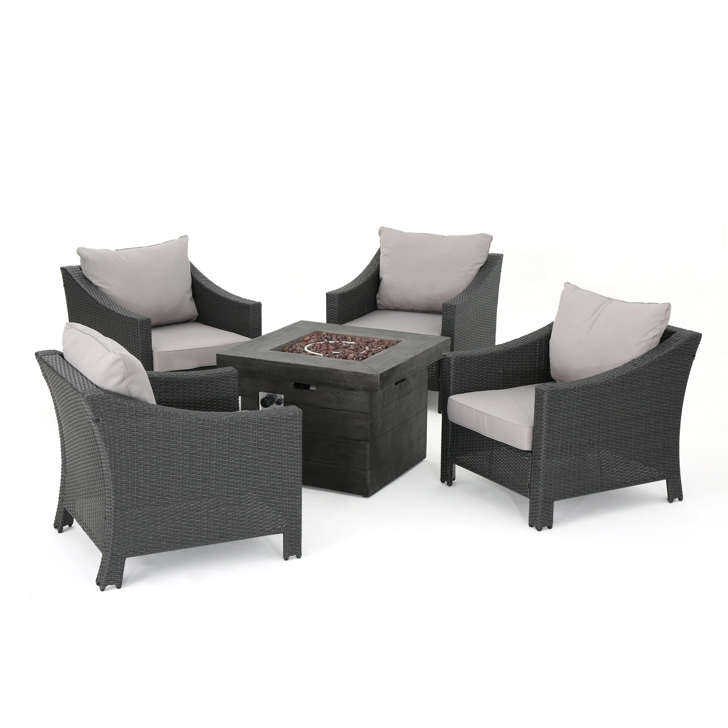 Aspen Outdoor 5 Piece Wicker Water Resistant Cushion Chat Set with Fire Pit - furnishings