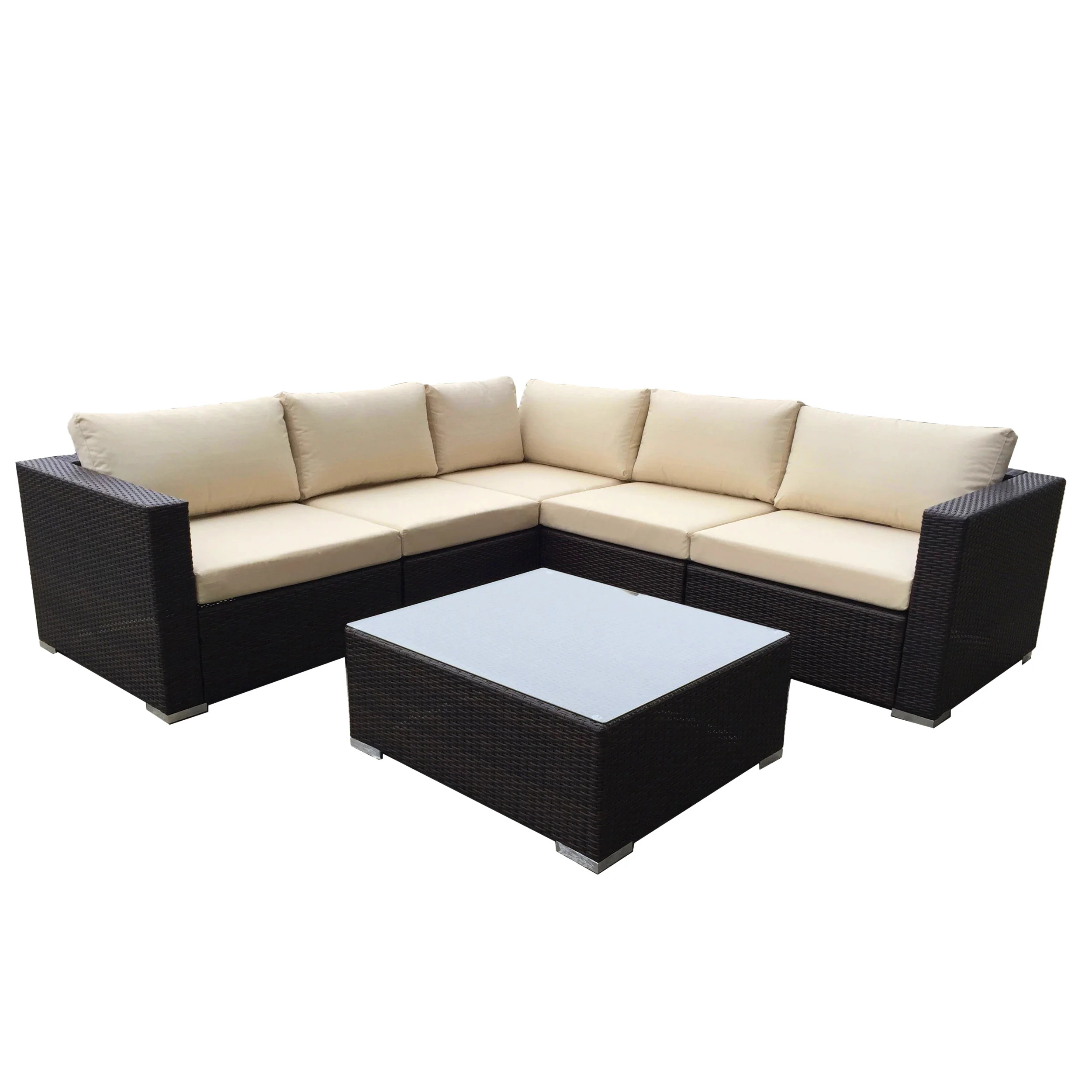 Francisco 6pc Outdoor Brown Wicker Seating Sectional Set w/ Cushions - furnishings