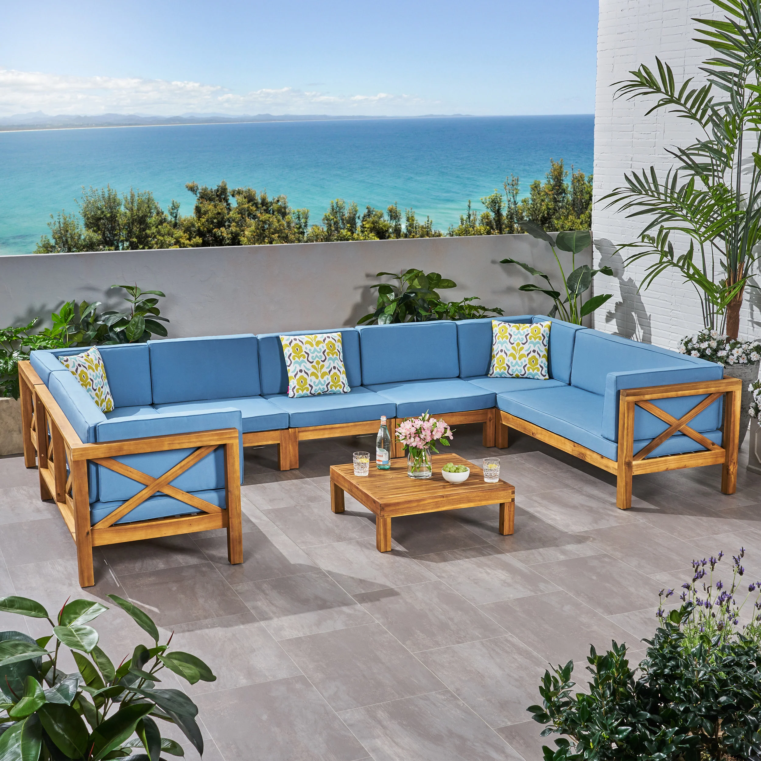 Isabella Outdoor 9 Seater Acacia Wood Sectional Sofa Set - furnishings