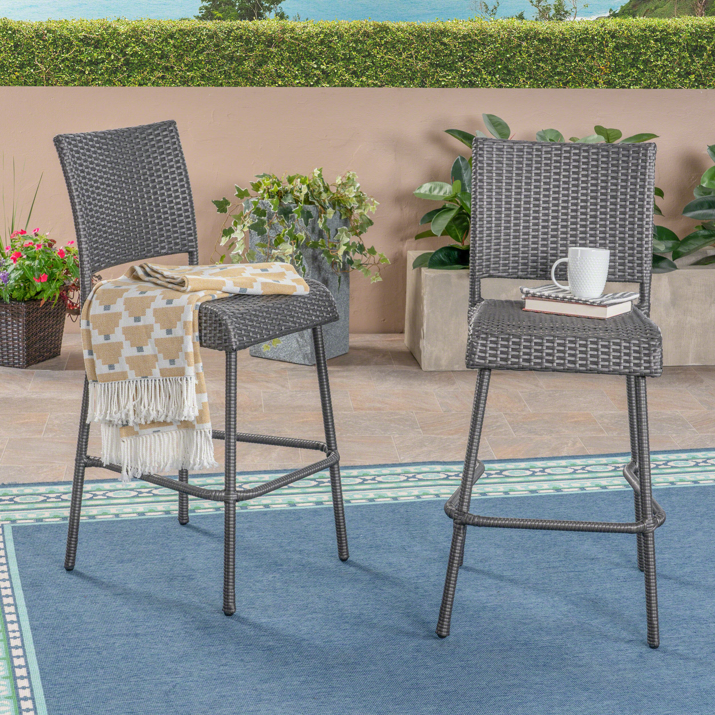 Jiro Outdoor Wicker Barstool, Gray (Set of 2) - furnishings