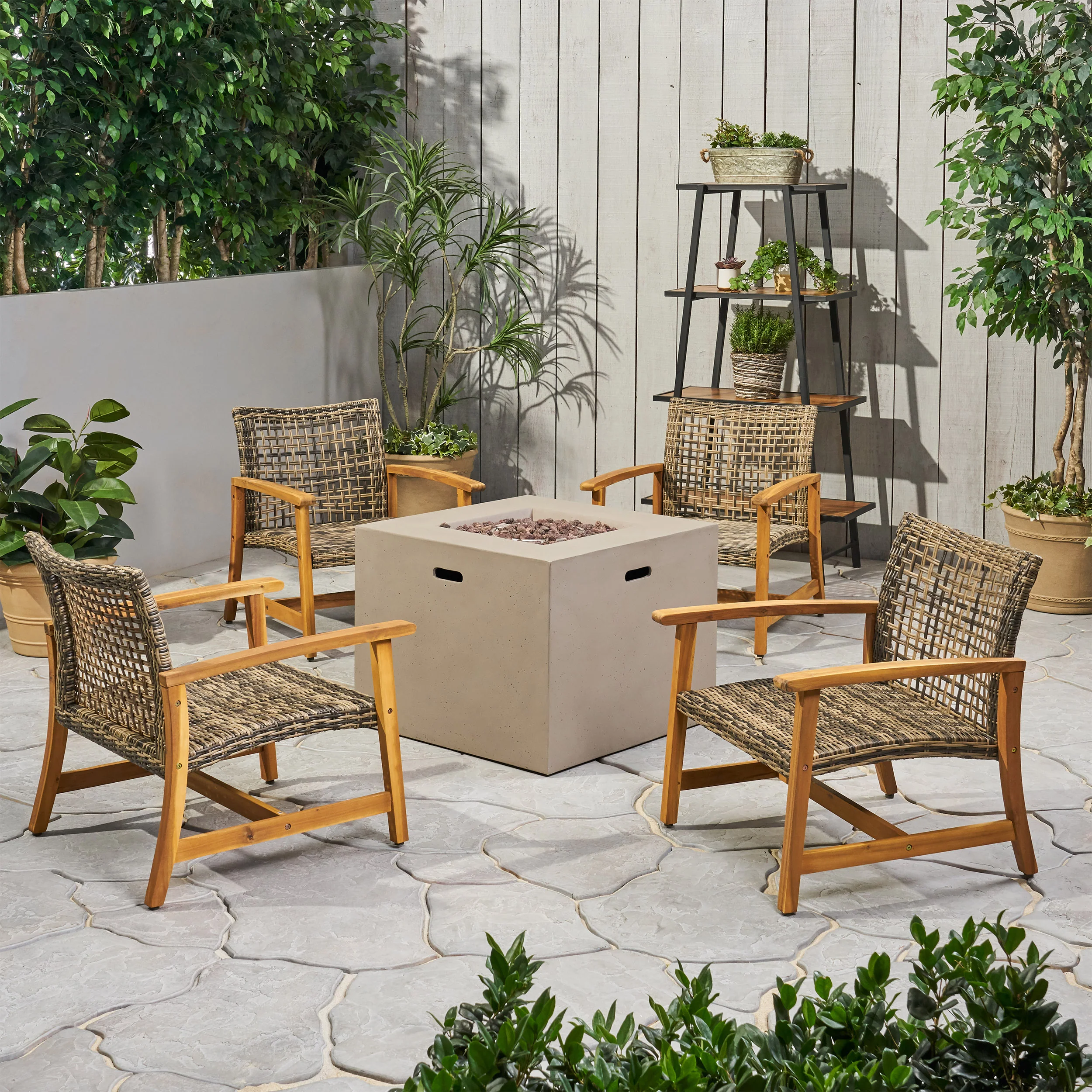 Tabby Outdoor 5 Piece Wood and Wicker Club Chairs and Fire Pit Set - furnishings