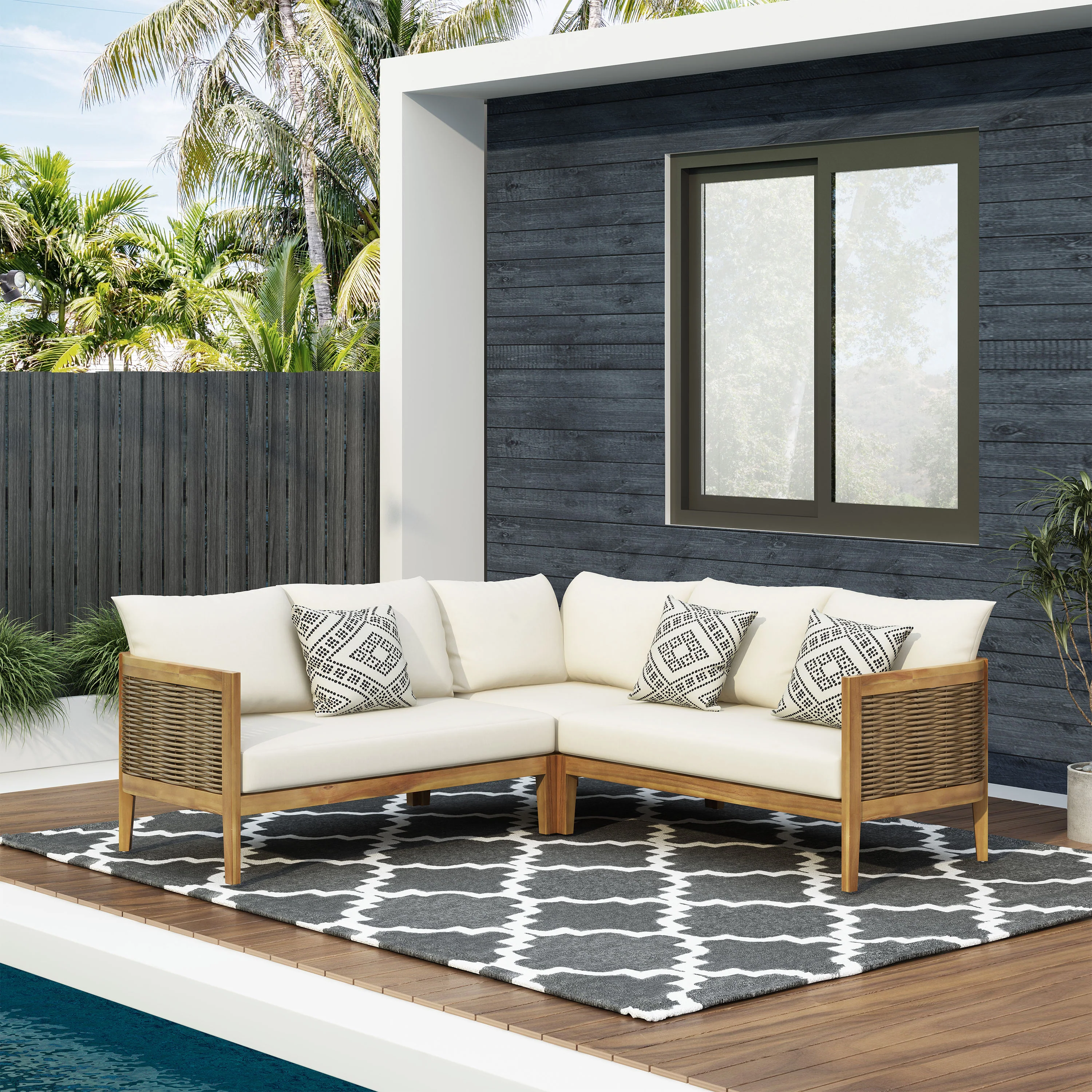 The Crowne Collection Outdoor Acacia Wood and Round Wicker 5 Seater Sectional Sofa Set with Cushions, Teak, Mixed Brown, and Beige - furnishings