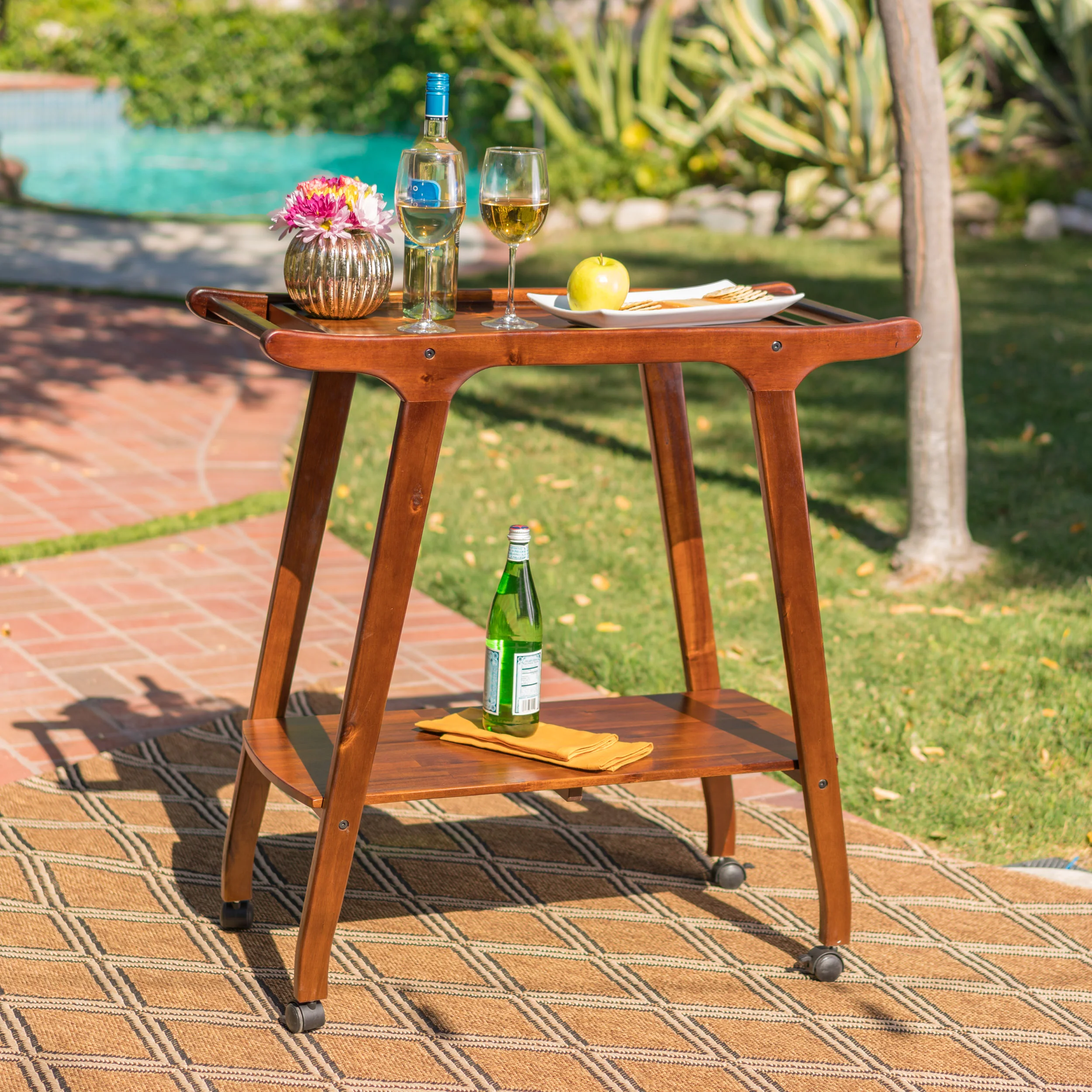 Azule Outdoor Rich Mahogany Finished Acacia Wood Barcart - furnishings