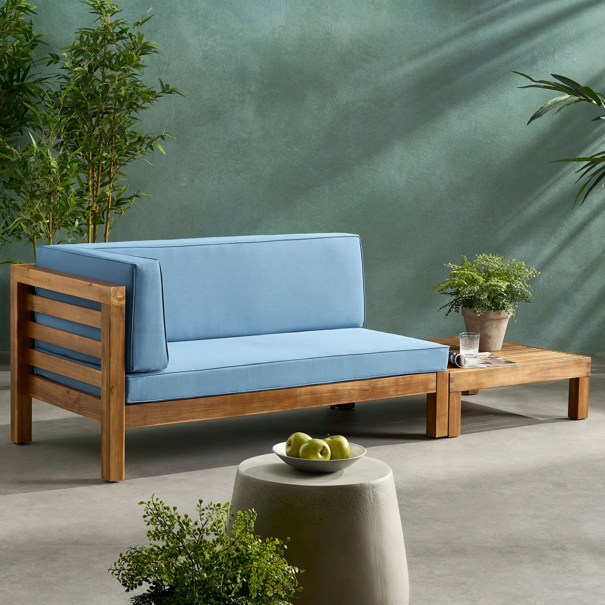 Cascada Outdoor Acacia Wood Left Arm Loveseat and Coffee Table Set with Cushion - furnishings