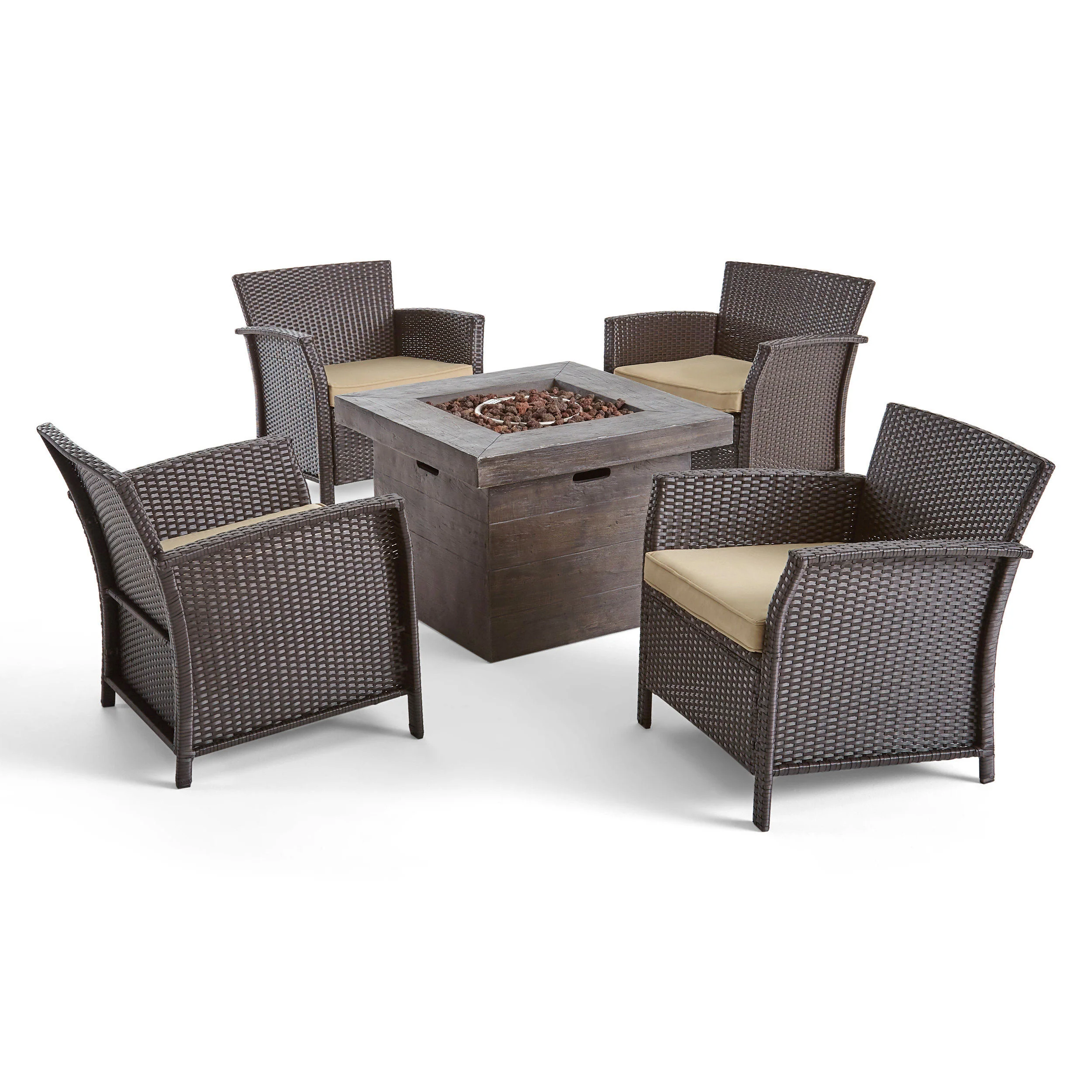Laiah Outdoor 4 Piece Wicker Club Chair Chat Set with Wood Finished Fire Pit - furnishings