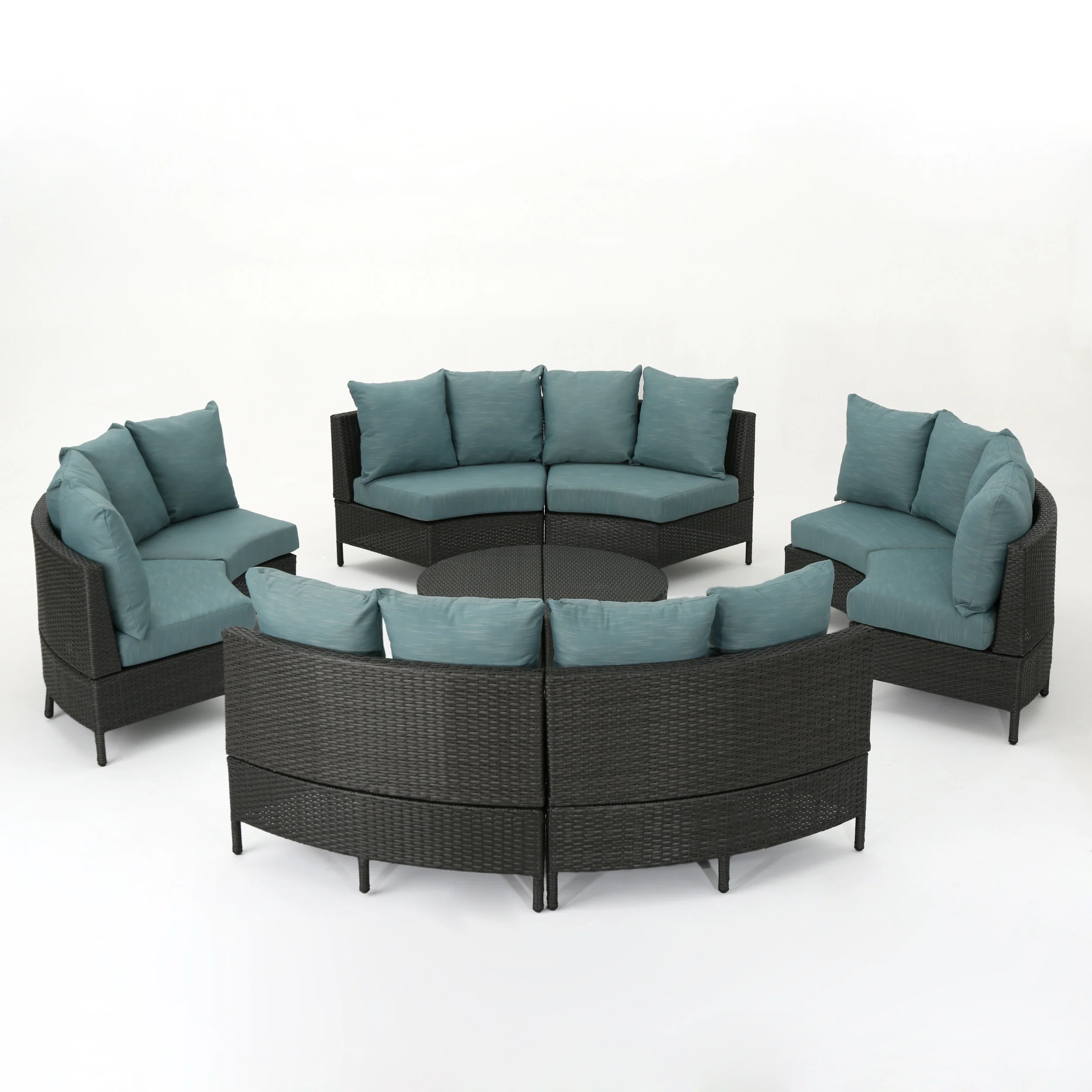 Venice Outdoor 10 Piece Gray Wicker Sectional Sofa Set with Teal Cushions - furnishings