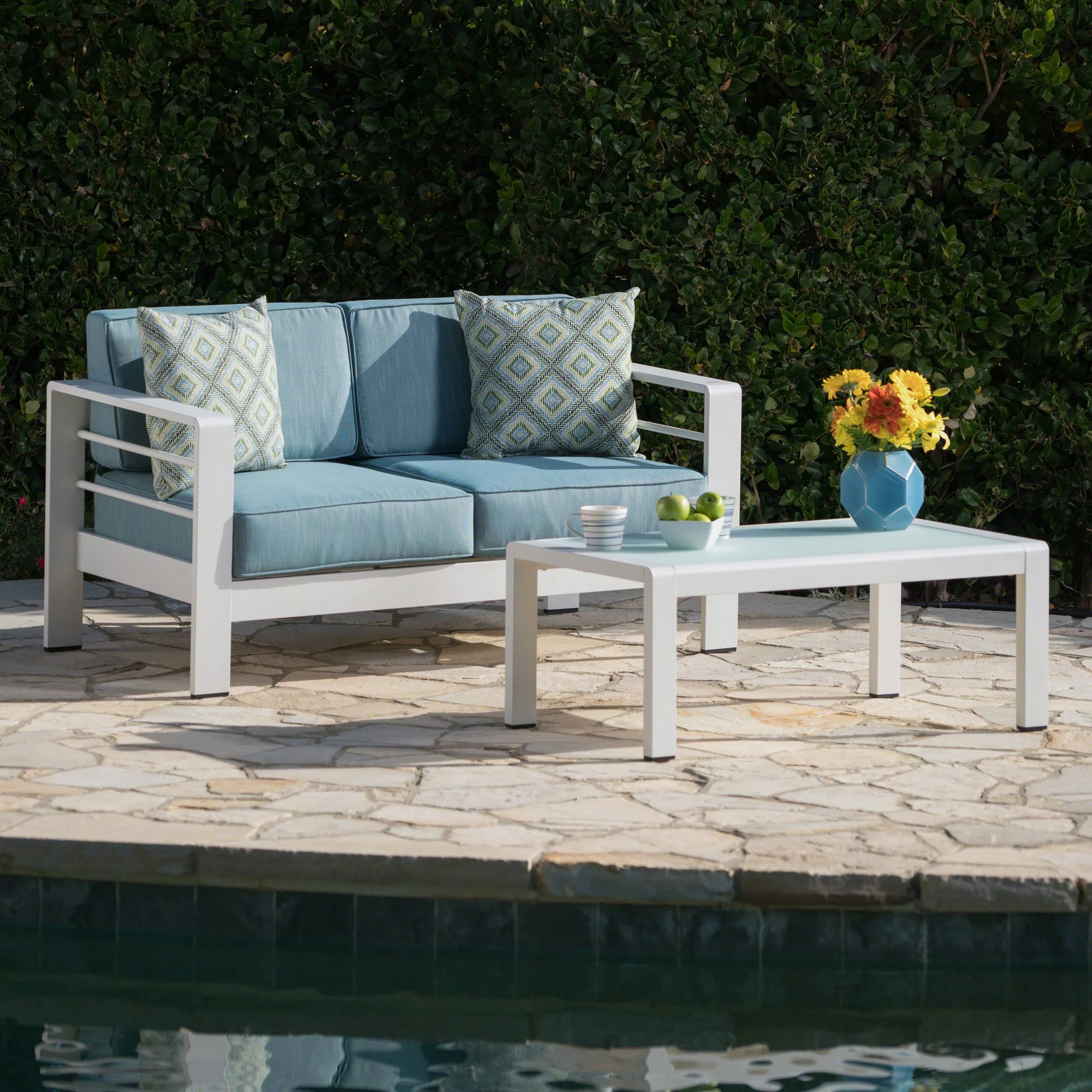 Crested Bay Outdoor Aluminum Loveseat and Coffee Table Set - furnishings