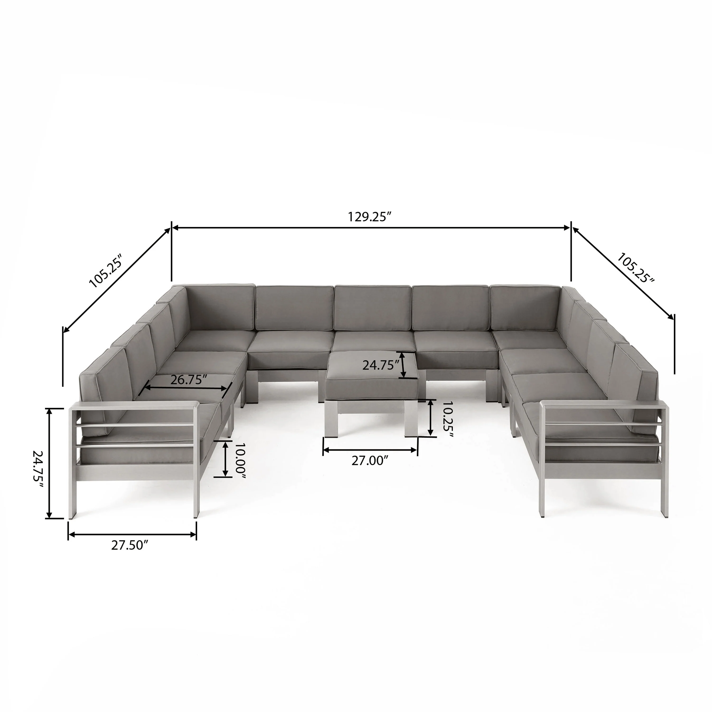 Freda Outdoor 11 Seater Aluminum U-Shaped Sofa Sectional and Ottoman Set - furnishings