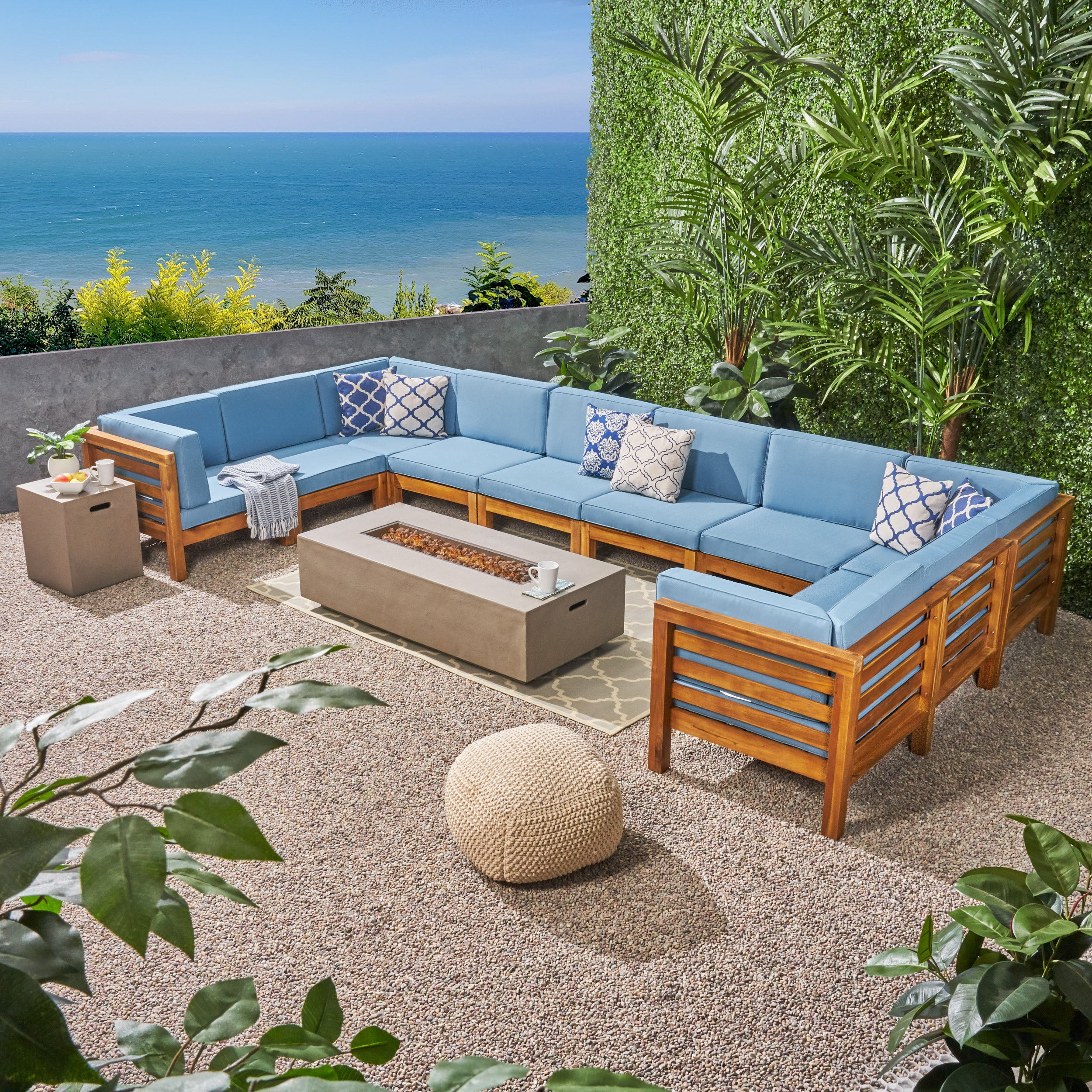 Ravello Outdoor 12 Piece U-Shaped Sectional Sofa Set with Fire Pit - furnishings