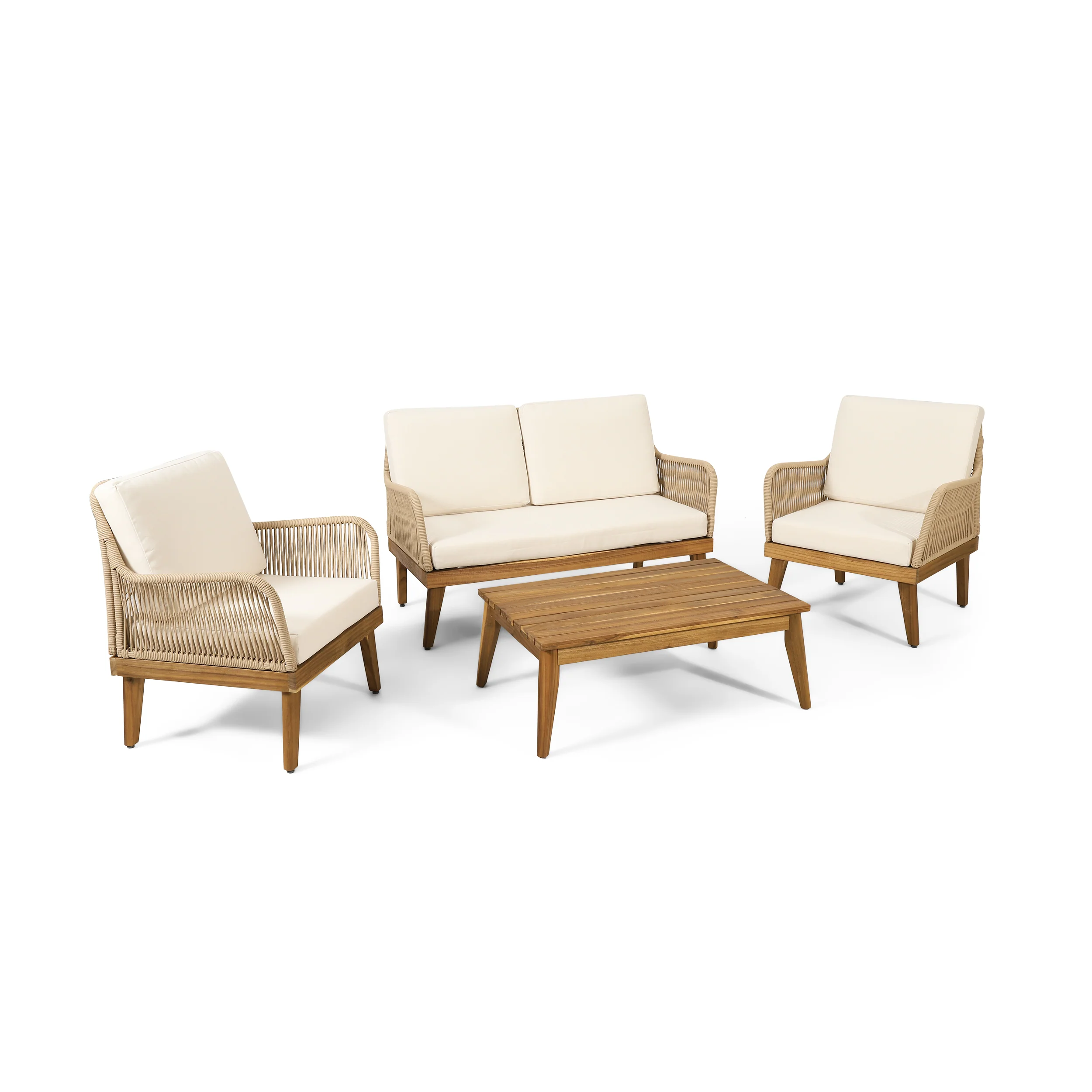 Hueber Outdoor Acacia Wood Chat Set with Cushion, Teak, Light Brown, and Beige - furnishings