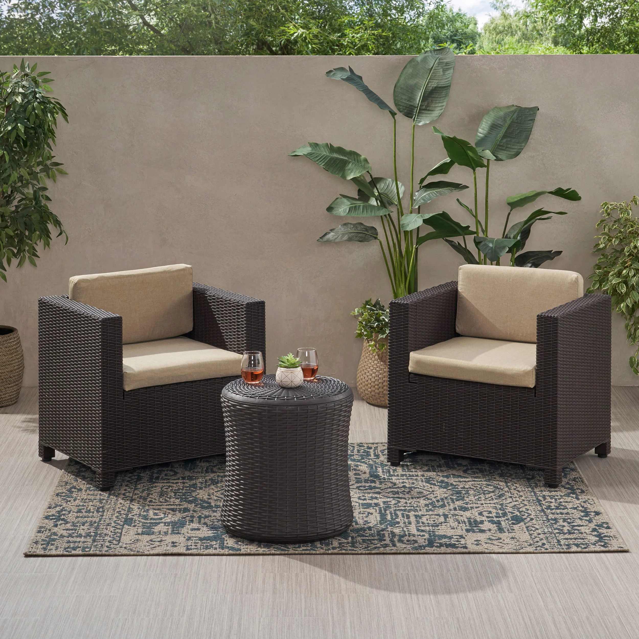Iven Outdoor 2 Seater Faux Wicker Chat Set with Cushions - furnishings