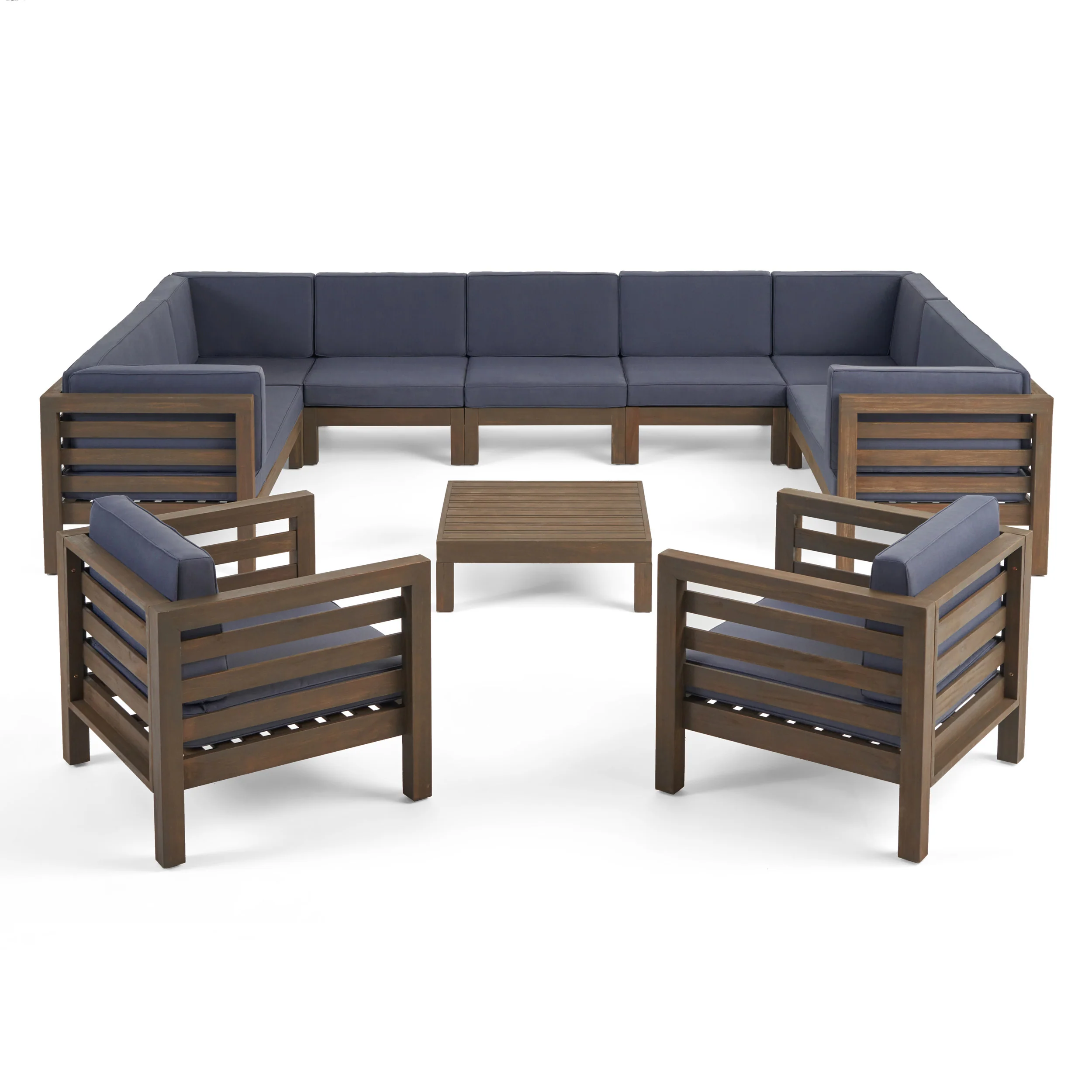 Emma Outdoor 11 Seater Acacia Wood Sectional Sofa and Club Chair Set - furnishings